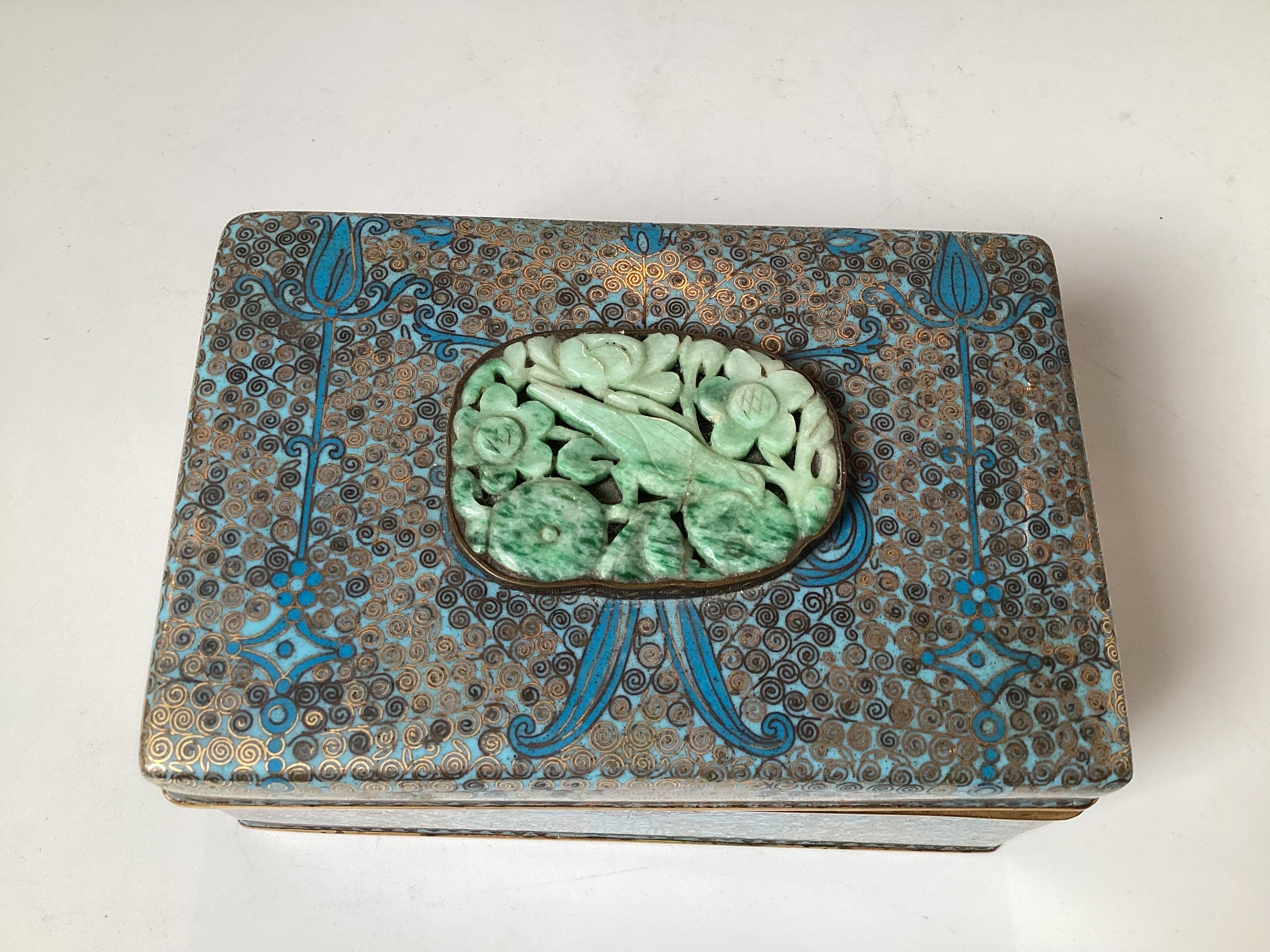 Chinoiserie Chinese Cloissone Box with Carved Jade Plaque, circa 1900 For Sale