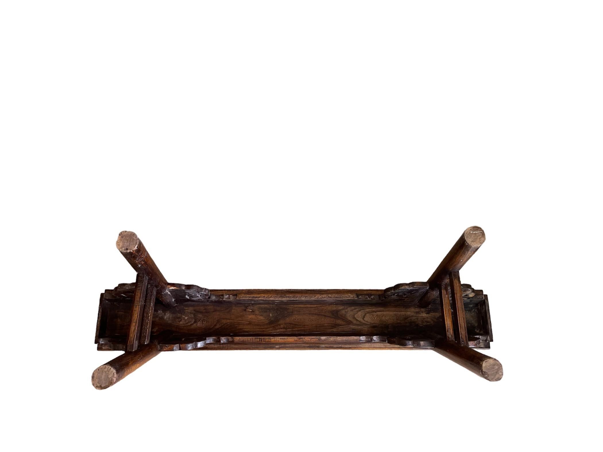 Hand-Crafted Chinese Countryside Hand Carved Wood Bench
