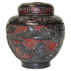 Chinese Early 19th Century Hand Carved Red and Black Lacquer Jar and Cover
