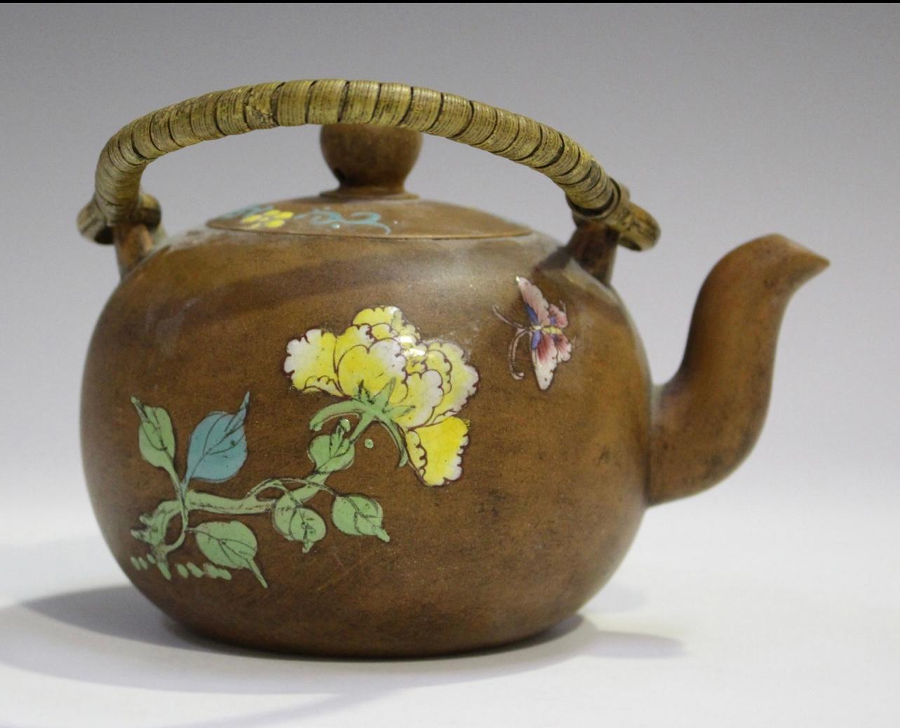 A Chinese Enammeled Yixing Stonewear Teapot and Cover, Qing Dynasty 2