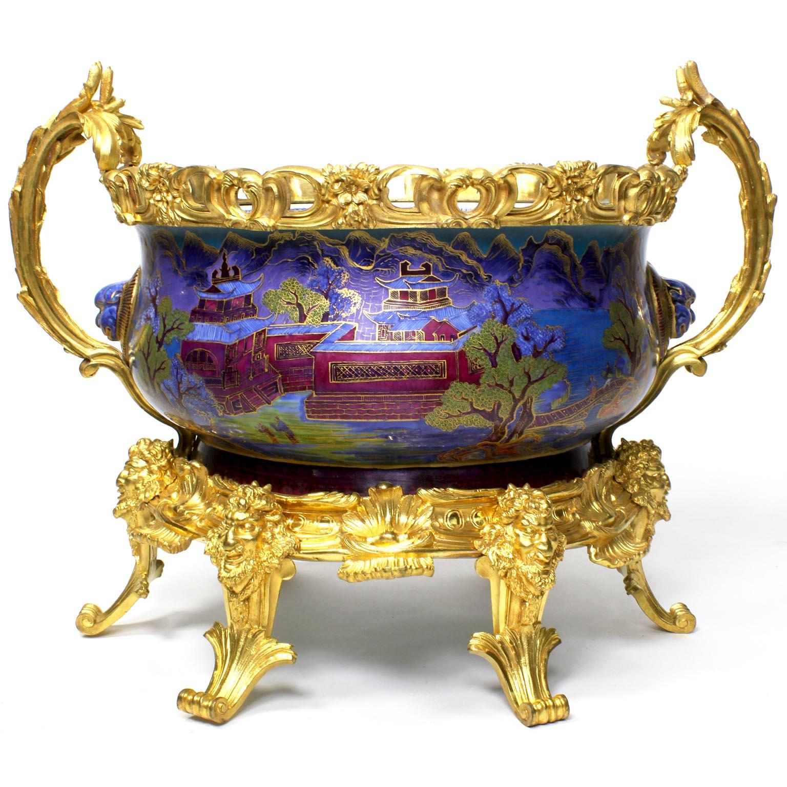 Gilt Chinese Export Famille Verte Porcelain & French Ormolu Chinoiserie Centerpiece For Sale