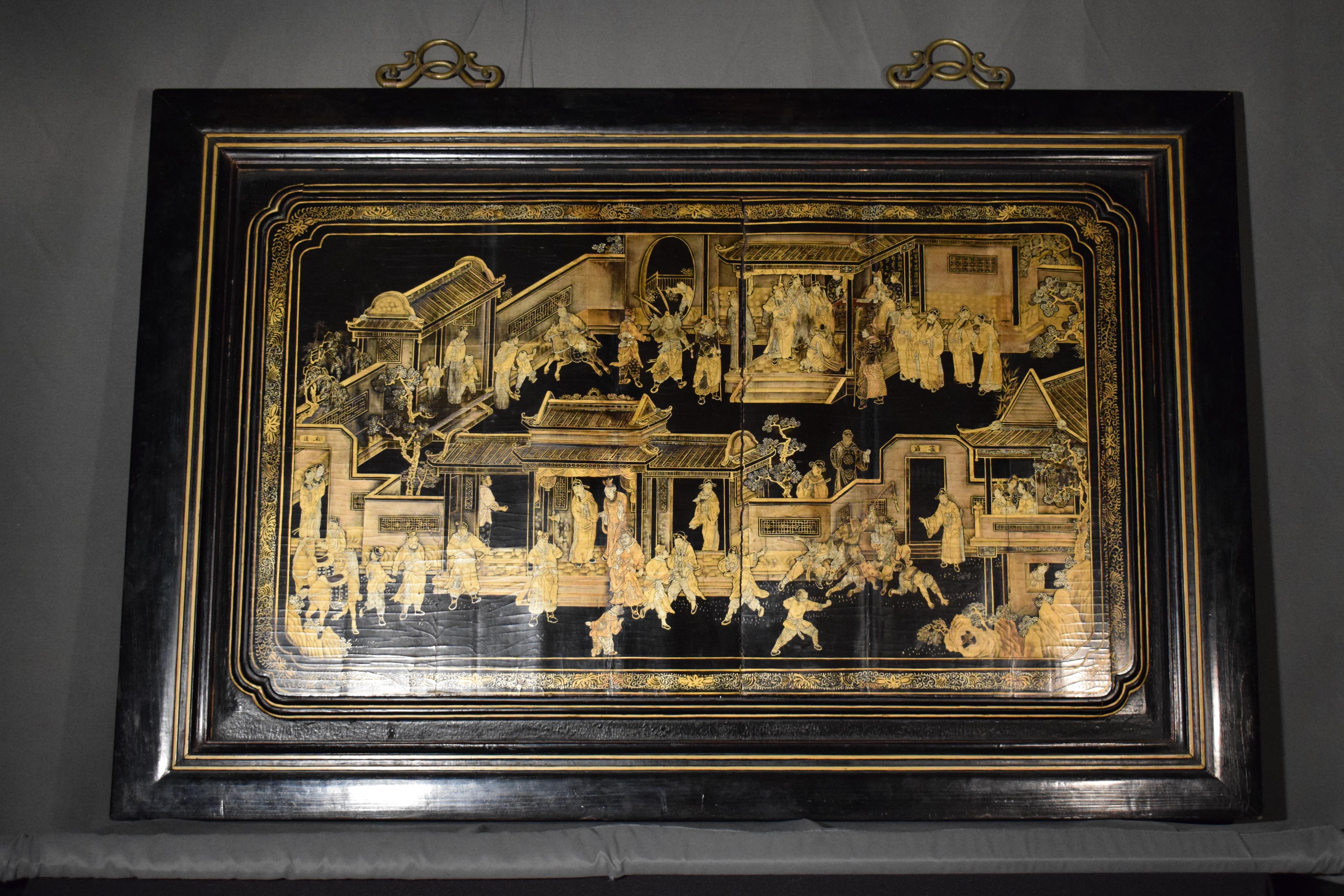 Chinese Export Gilt-Decorated Black Lacquer Panel 4