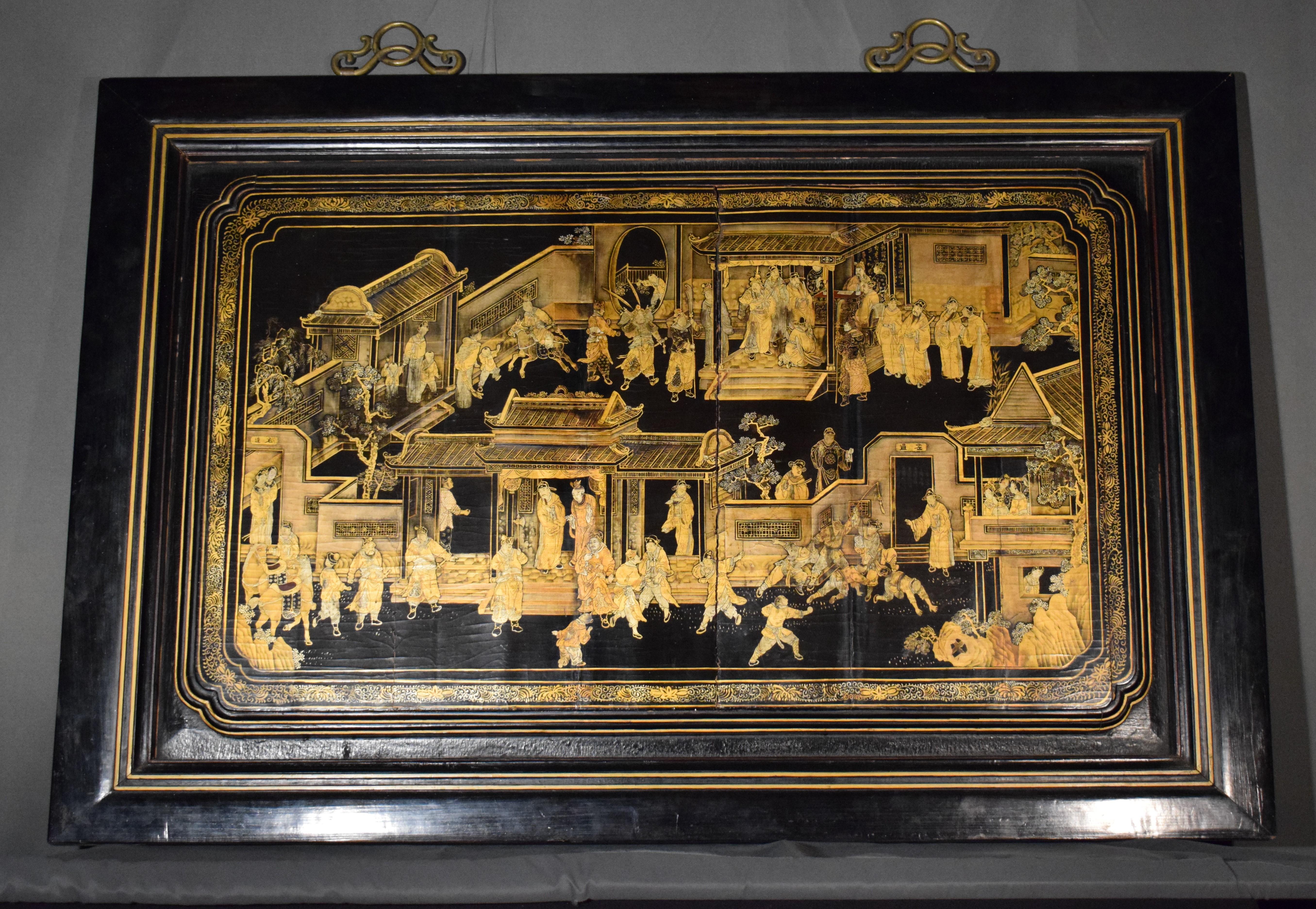 Chinese Export Gilt-Decorated Black Lacquer Panel In Good Condition In Atlanta, GA