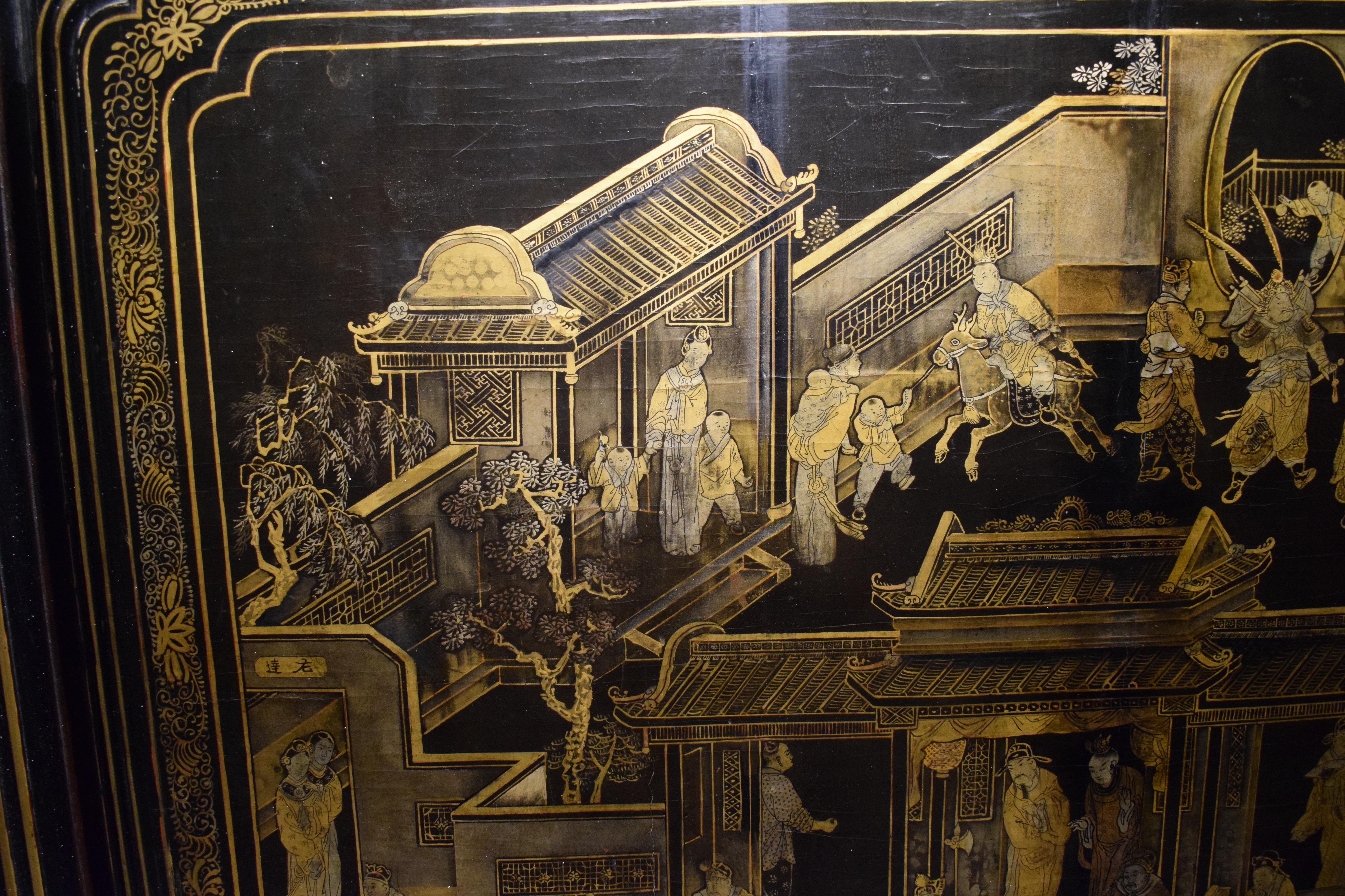 19th Century Chinese Export Gilt-Decorated Black Lacquer Panel
