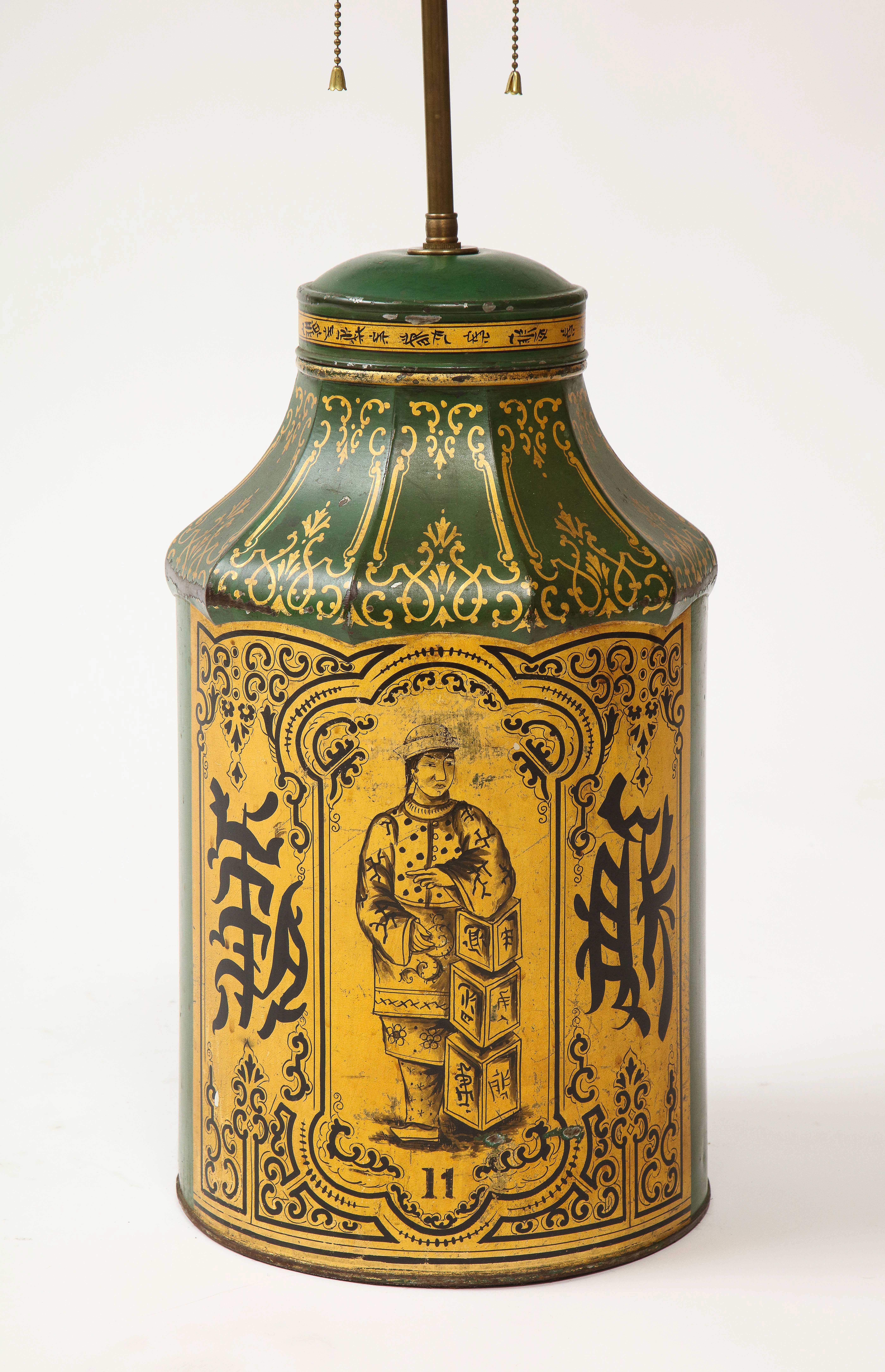 Hand-Painted Chinese Export Green Painted and Gilt Tôle Tea Canister Lamp For Sale