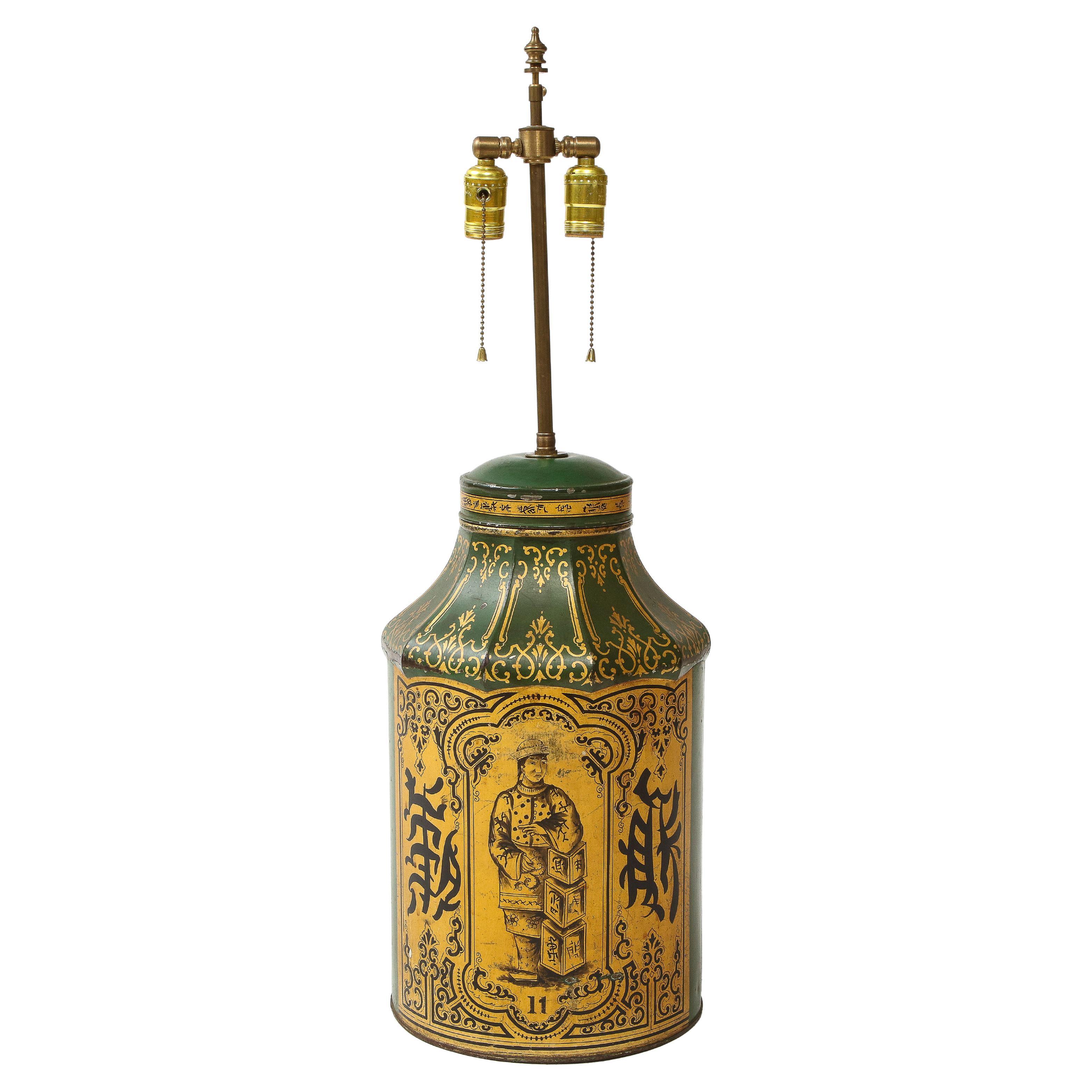 Chinese Export Green Painted and Gilt Tôle Tea Canister Lamp For Sale