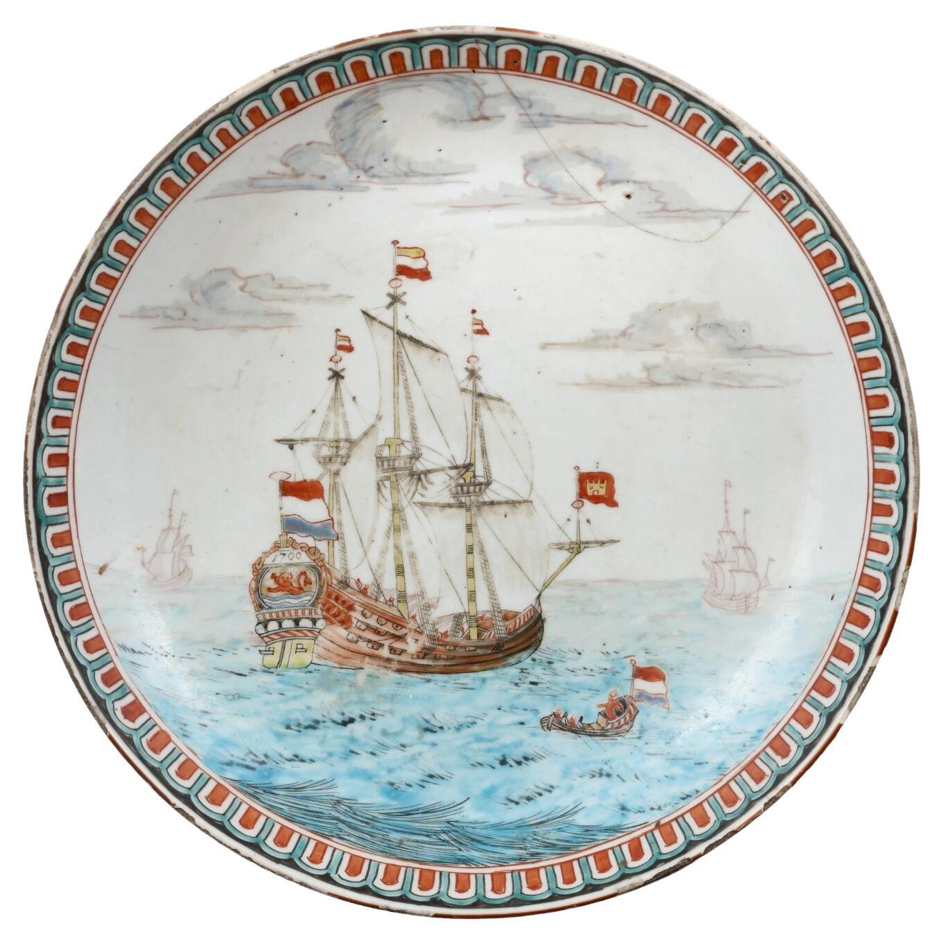 Chinese Export Porcelain Dish with Dutch Decoration of a Voc Ship For Sale