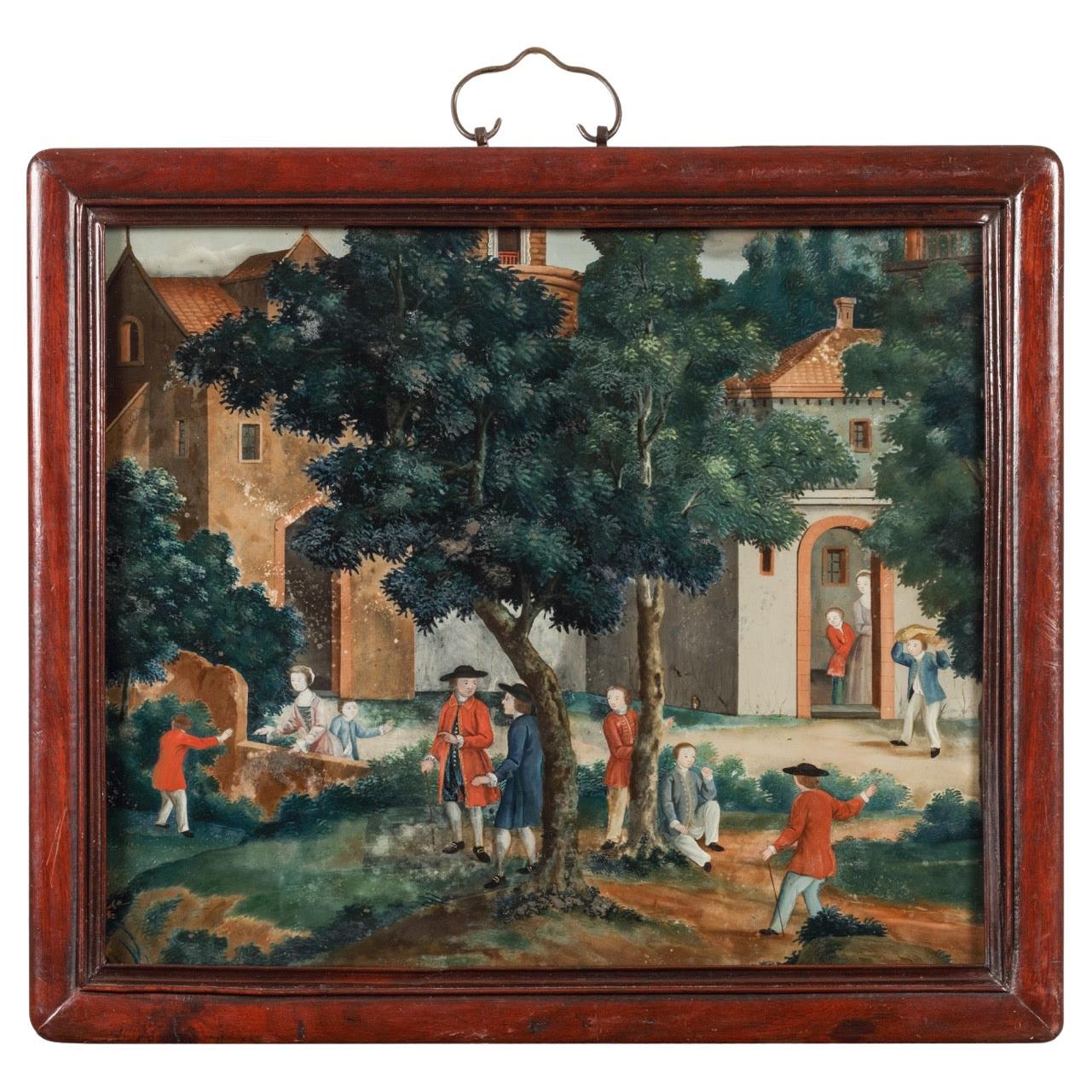 A Chinese export reverse-glass painting after an English print in original frame For Sale