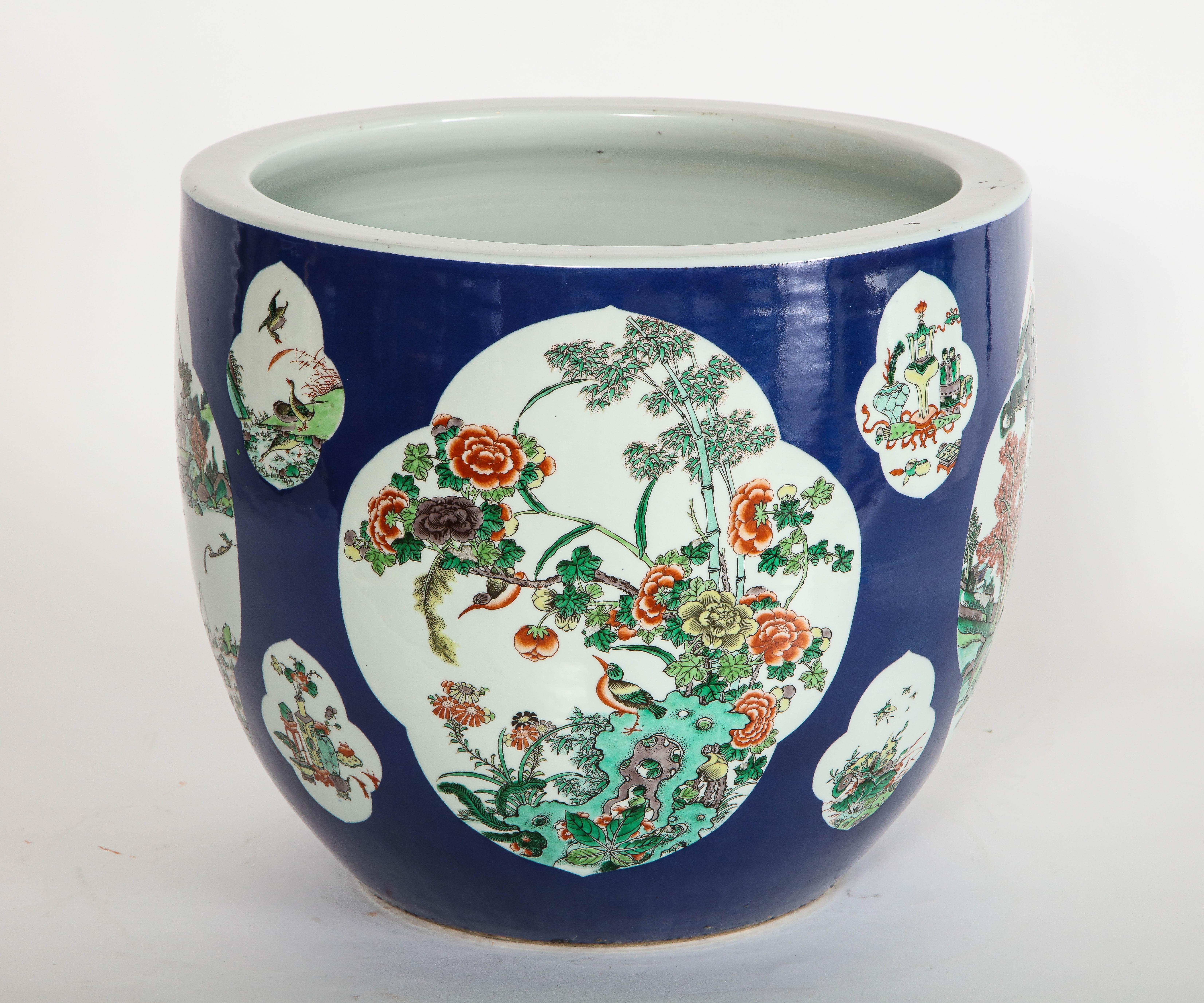 Hand-Painted Chinese Famille Vert Blue-Ground Planter with Multiple Landscape Cartooges For Sale