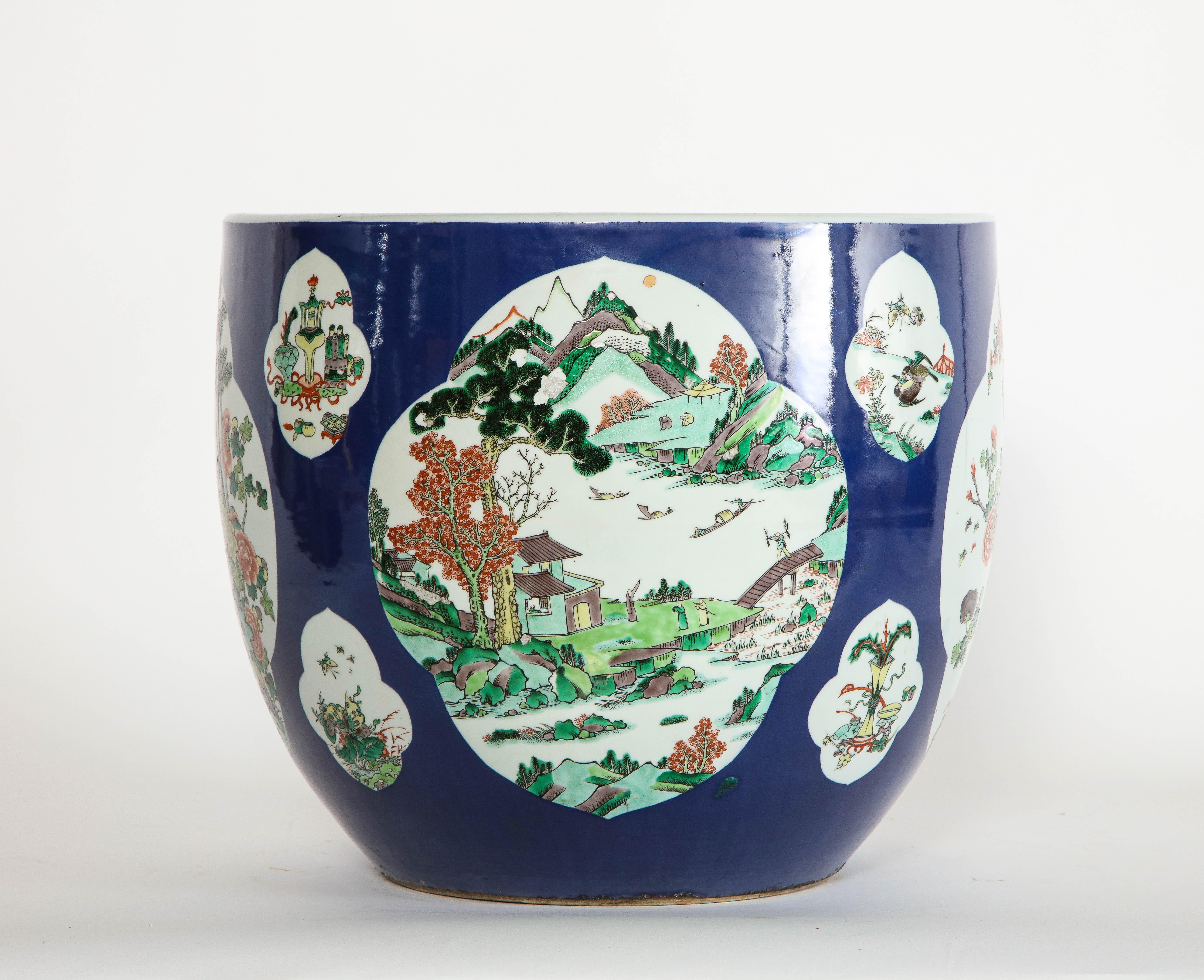 Chinese Famille Vert Blue-Ground Planter with Multiple Landscape Cartooges In Good Condition For Sale In New York, NY