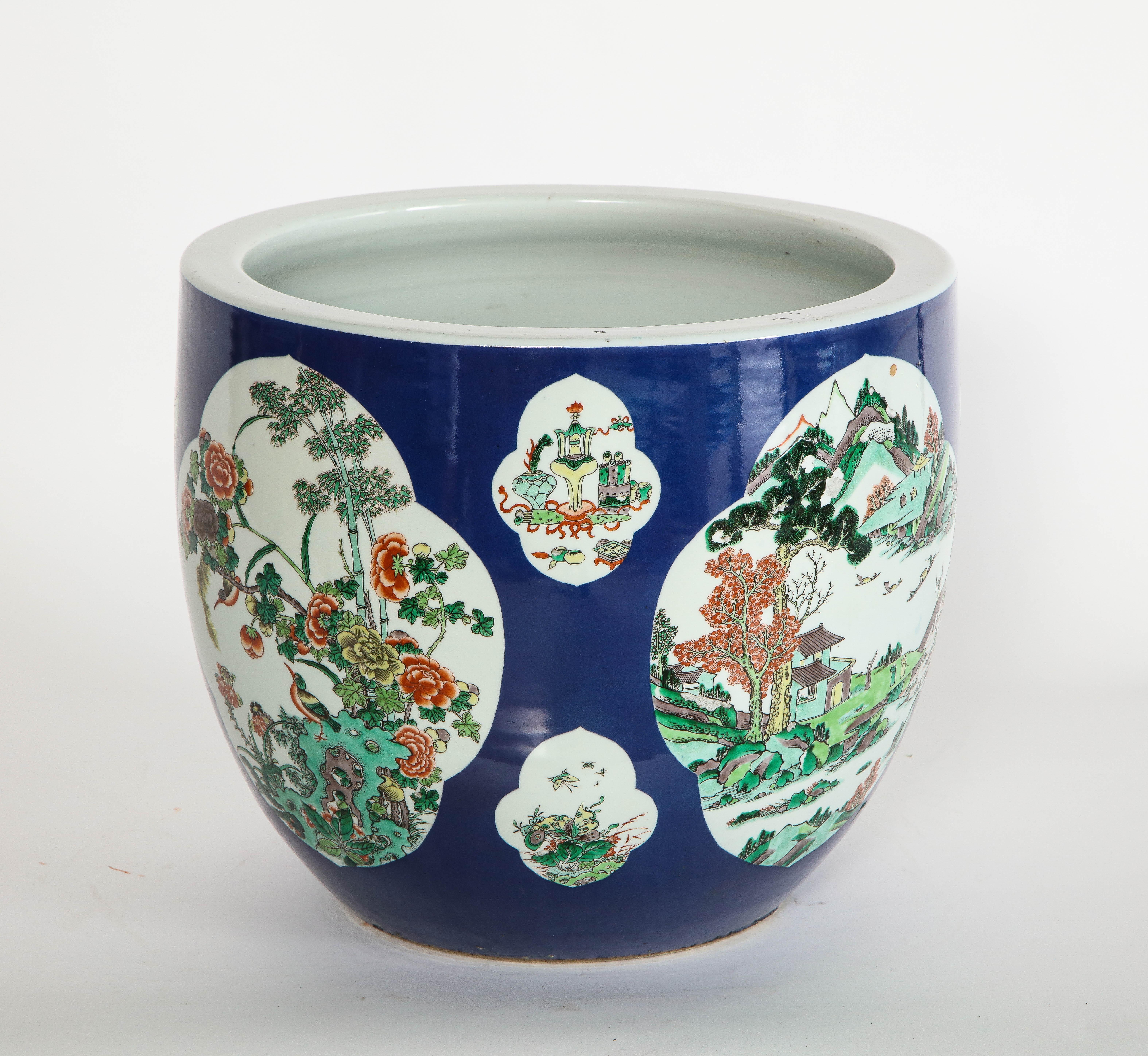 Mid-19th Century Chinese Famille Vert Blue-Ground Planter with Multiple Landscape Cartooges For Sale