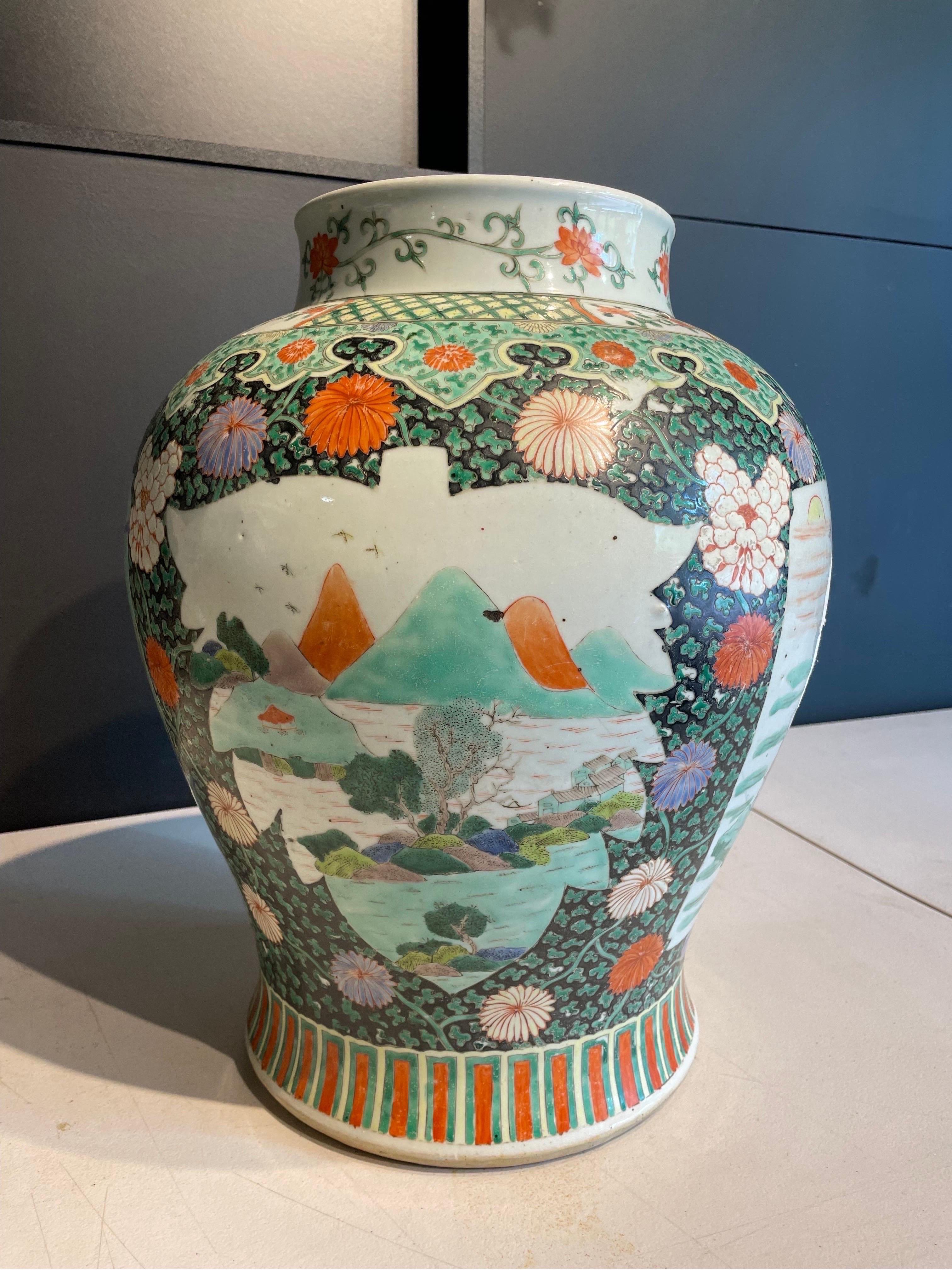 Hand-Painted A Chinese Famille Verte Baluster Jar, 19th century For Sale