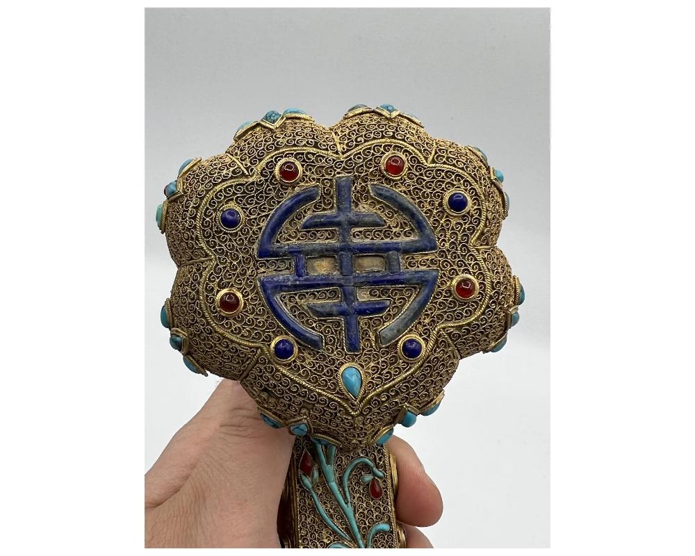 Chinese Filigree Gilt Silver, Jeweled, Carnelian, Lapis, Turquoise, Ruyi Scepte For Sale 6
