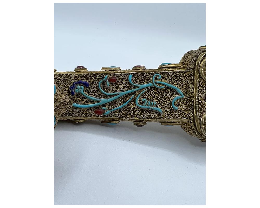Chinese Filigree Gilt Silver, Jeweled, Carnelian, Lapis, Turquoise, Ruyi Scepte For Sale 2