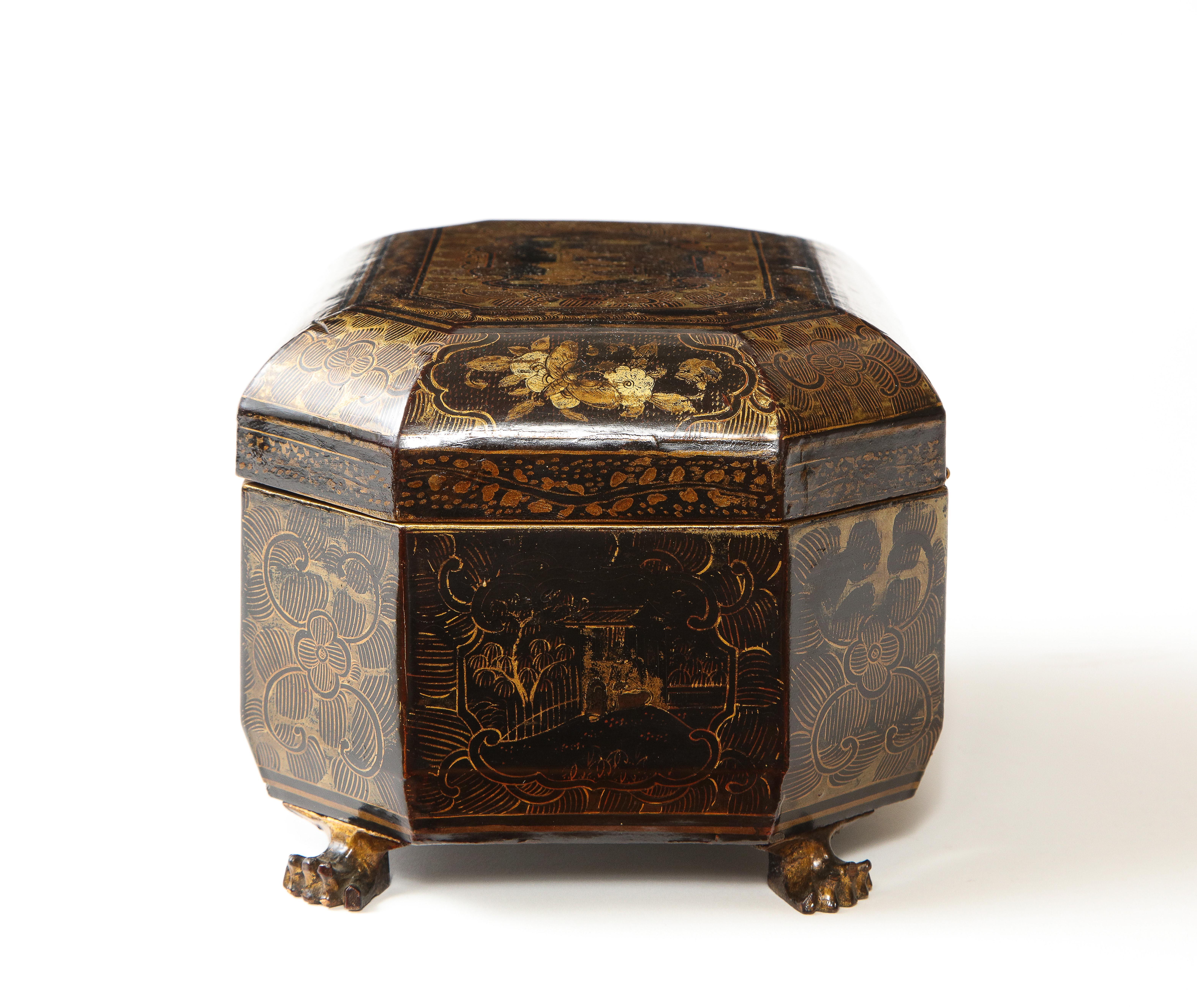Chinese Export Chinese Gilt-Decorated Black Lacquer Sewing Box For Sale