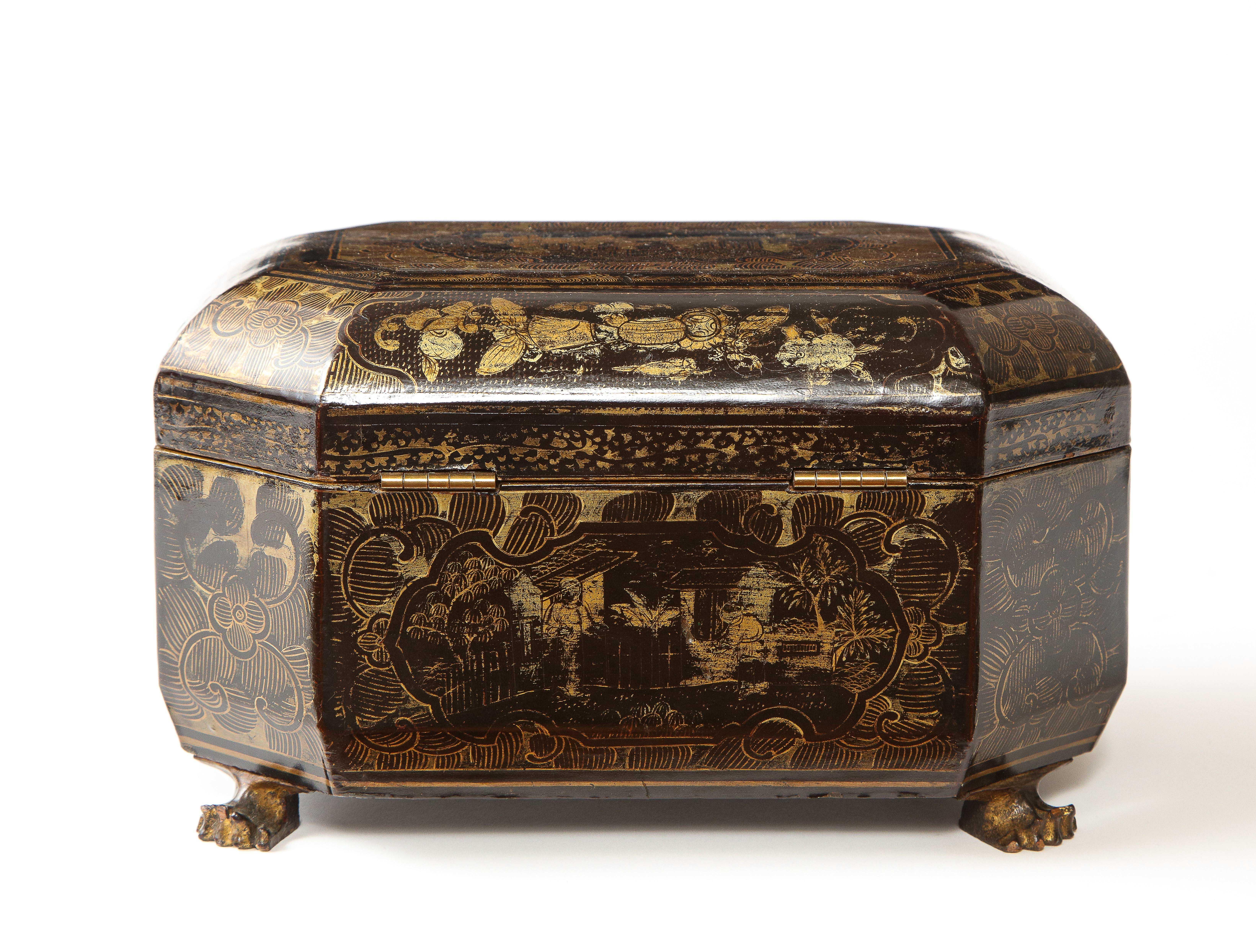 Hand-Painted Chinese Gilt-Decorated Black Lacquer Sewing Box For Sale