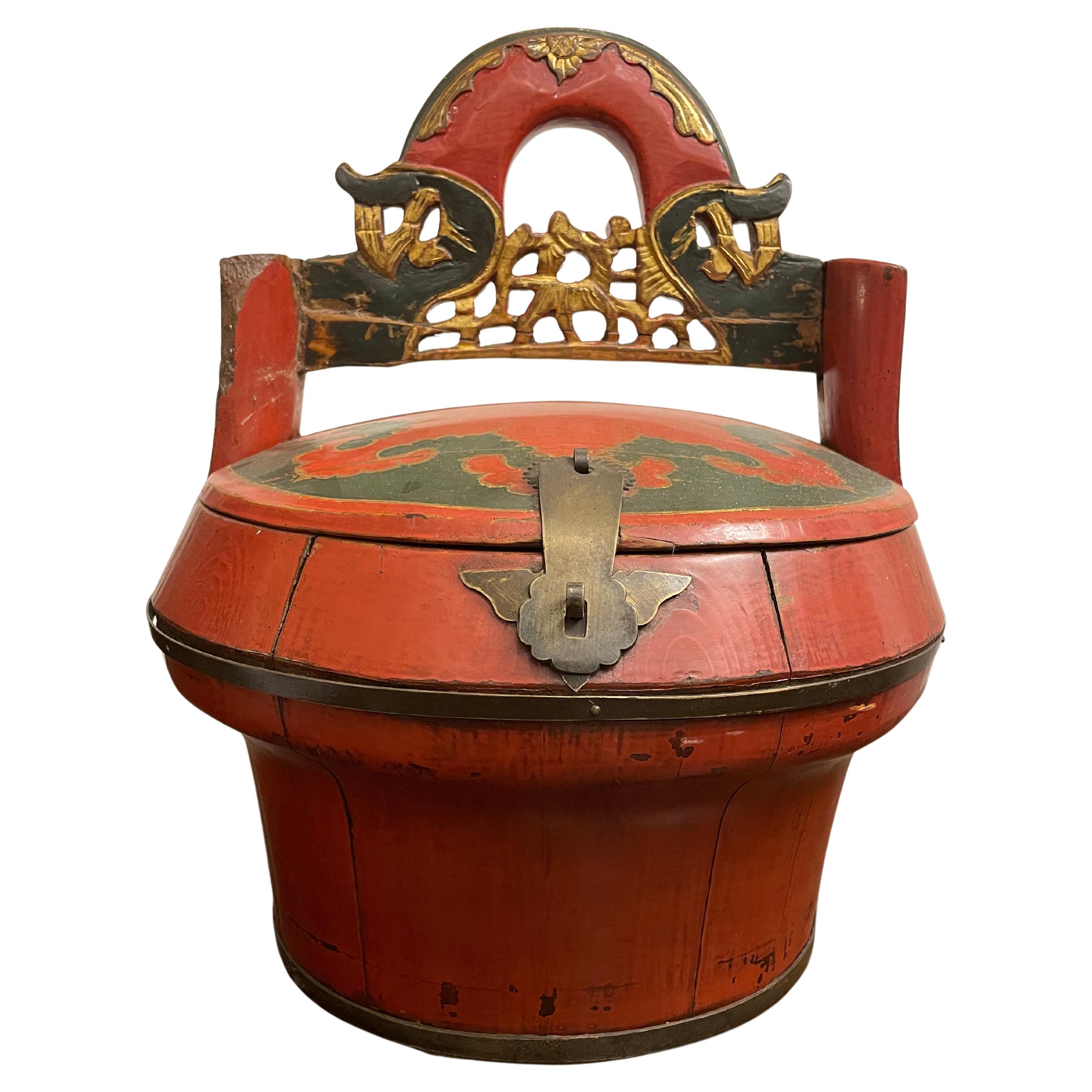 A Chinese Hand-Carved Red Lacquered Basket with Handle, Late 19th Century