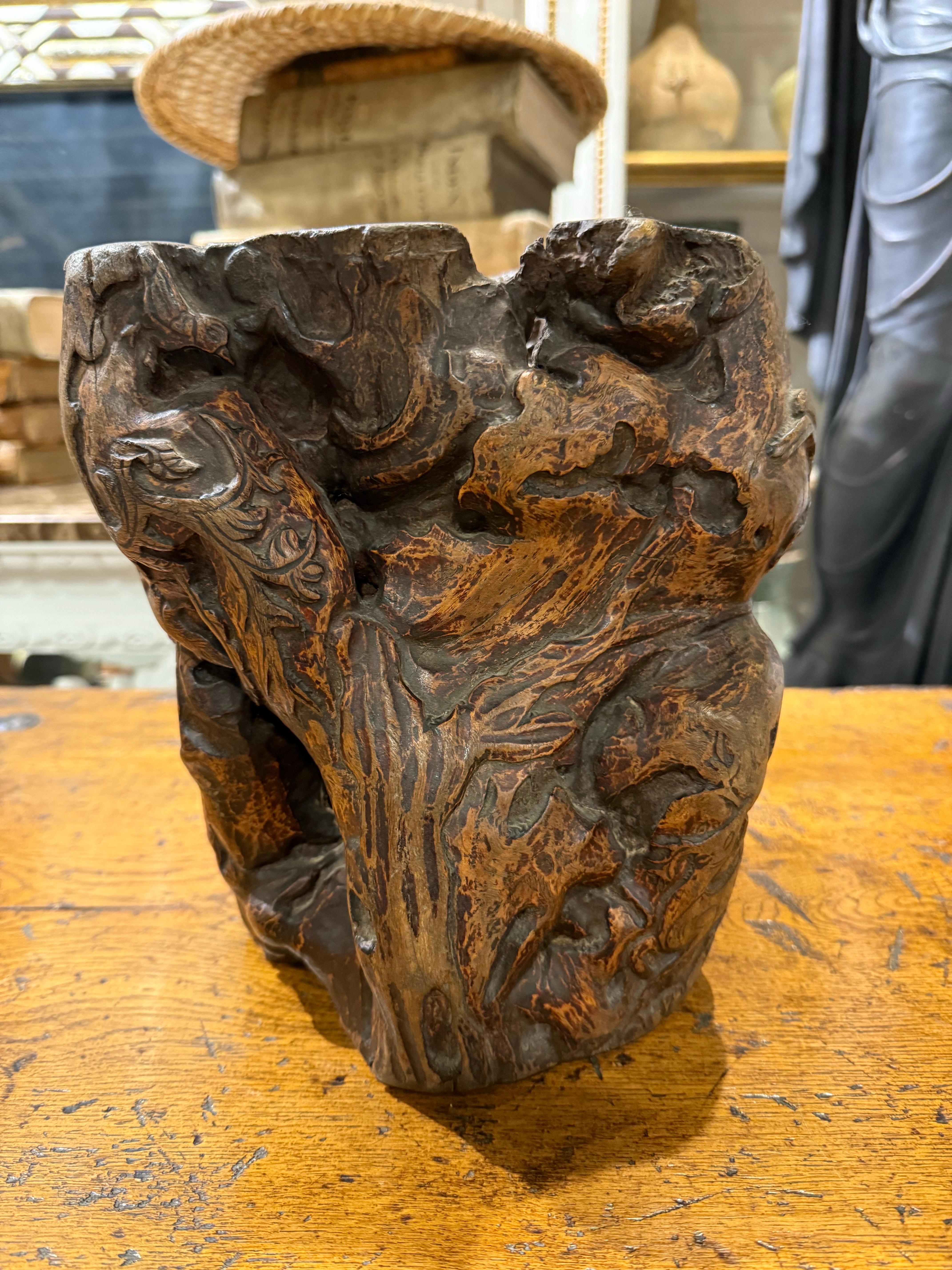 Qing A Chinese Hardwood Gnarled Root Brush Pot, Late 19th Century For Sale