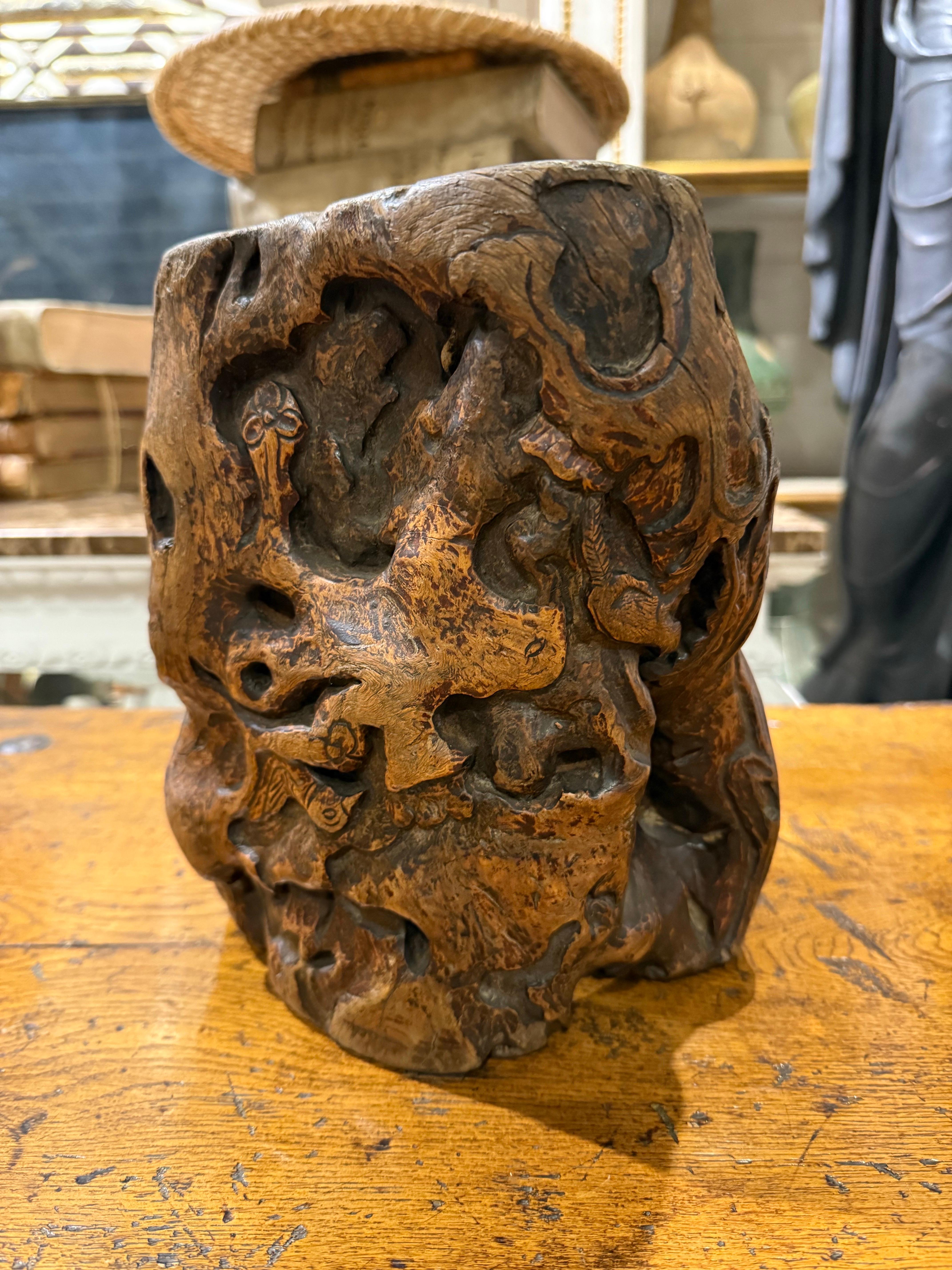 A Chinese Hardwood Gnarled Root Brush Pot, Late 19th Century For Sale 1