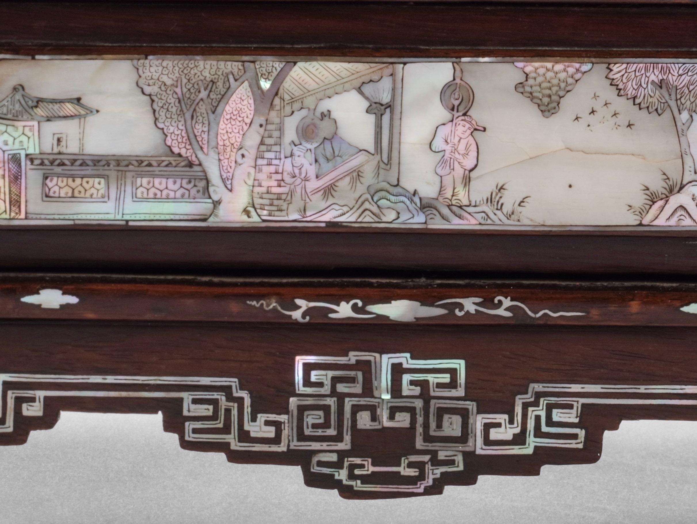19th Century A Chinese huanghuali, wumu and mother-of-pearl watch holder For Sale