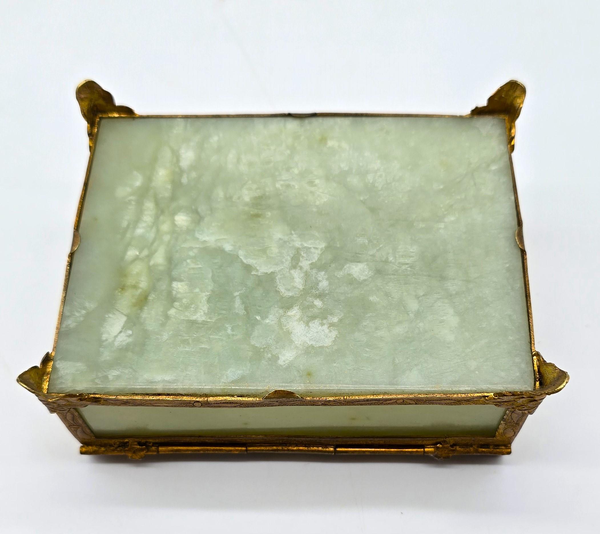 A Chinese jewelry box made from hand carved jade with gilt metal mounts C1920 For Sale 4