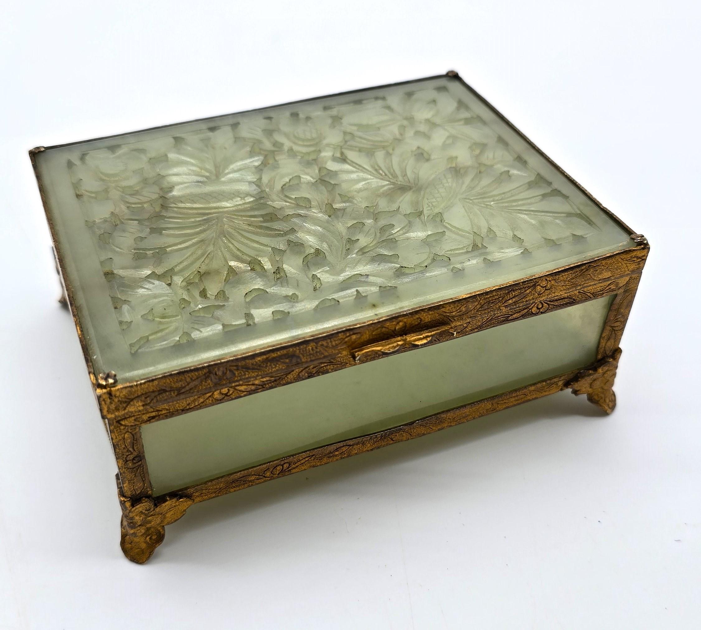 A Chinese jewelry box made from hand carved jade with gilt metal mounts C1920 For Sale 5