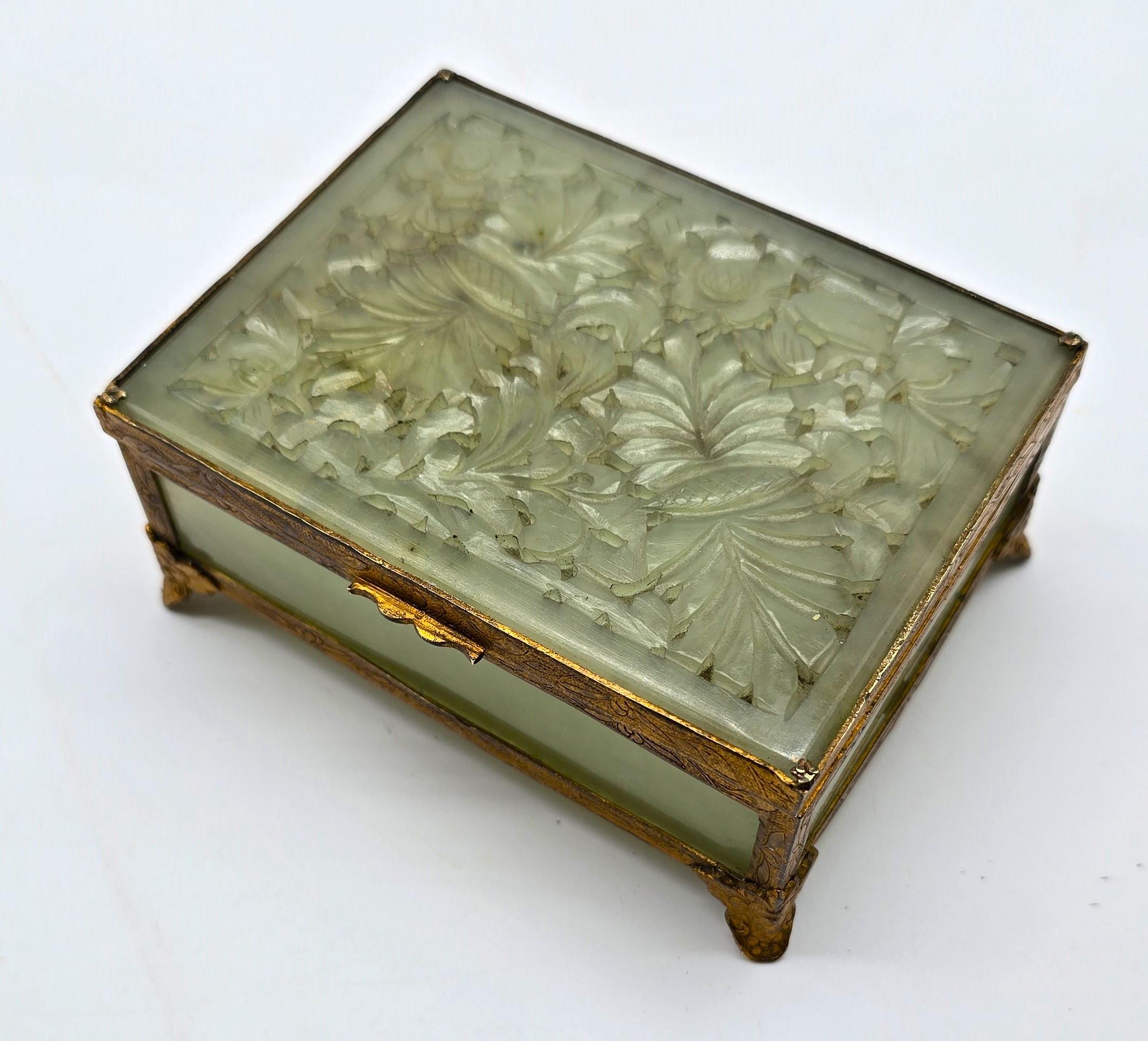 Chinese Export A Chinese jewelry box made from hand carved jade with gilt metal mounts C1920 For Sale