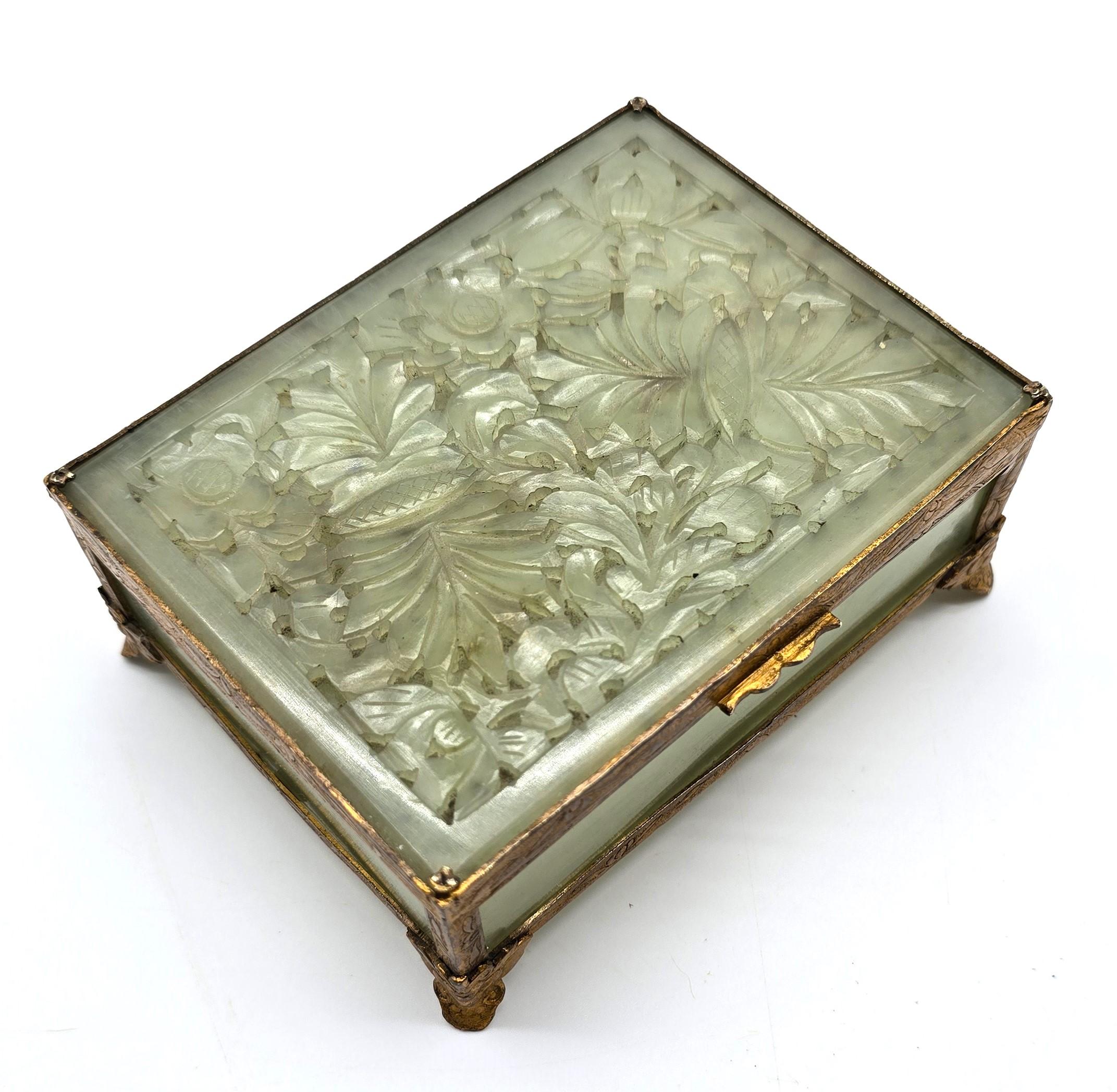 Hand-Carved A Chinese jewelry box made from hand carved jade with gilt metal mounts C1920 For Sale