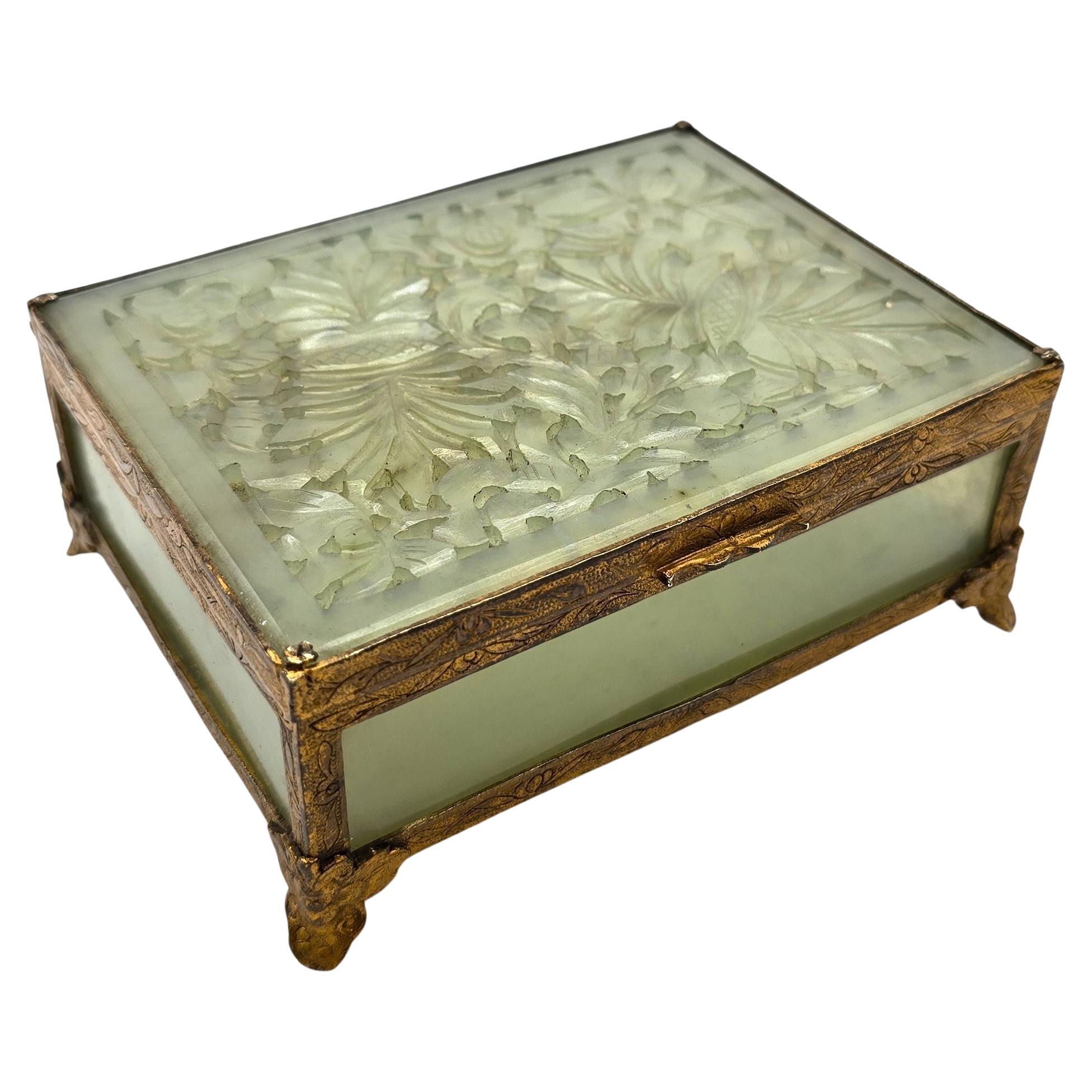 A Chinese jewelry box made from hand carved jade with gilt metal mounts C1920 For Sale