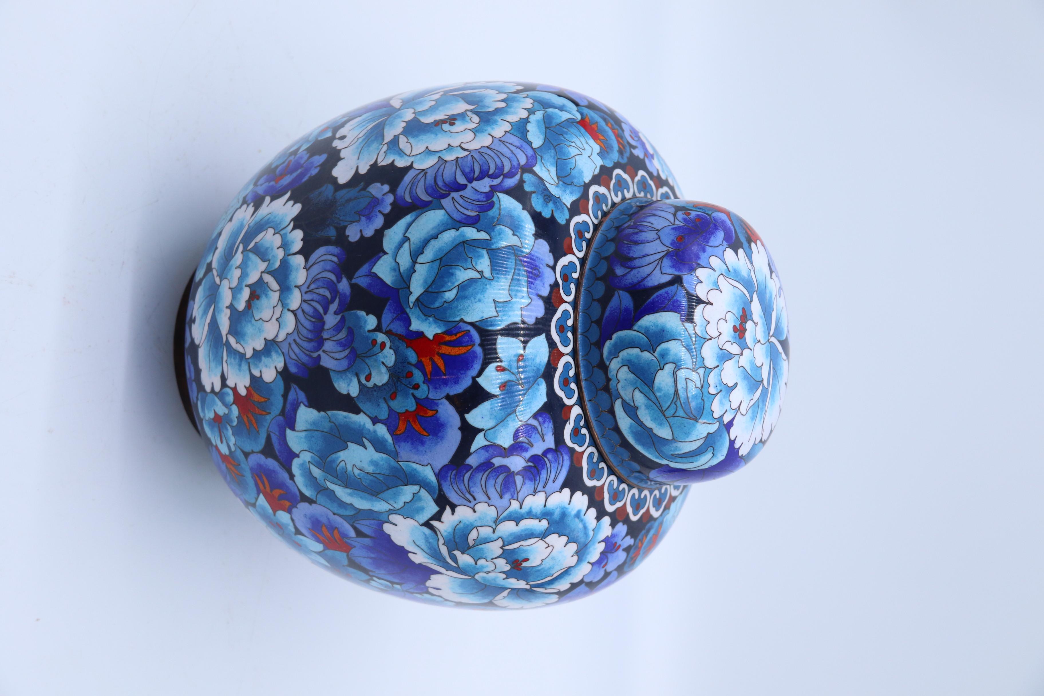 Ceramic Chinese Large Cloisonné Ginger Jar Enamelled with Peonies, c 1930
