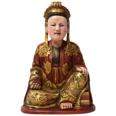 Antique Chinese Late 19th Century Carved and Painted Giltwood Seated Figure