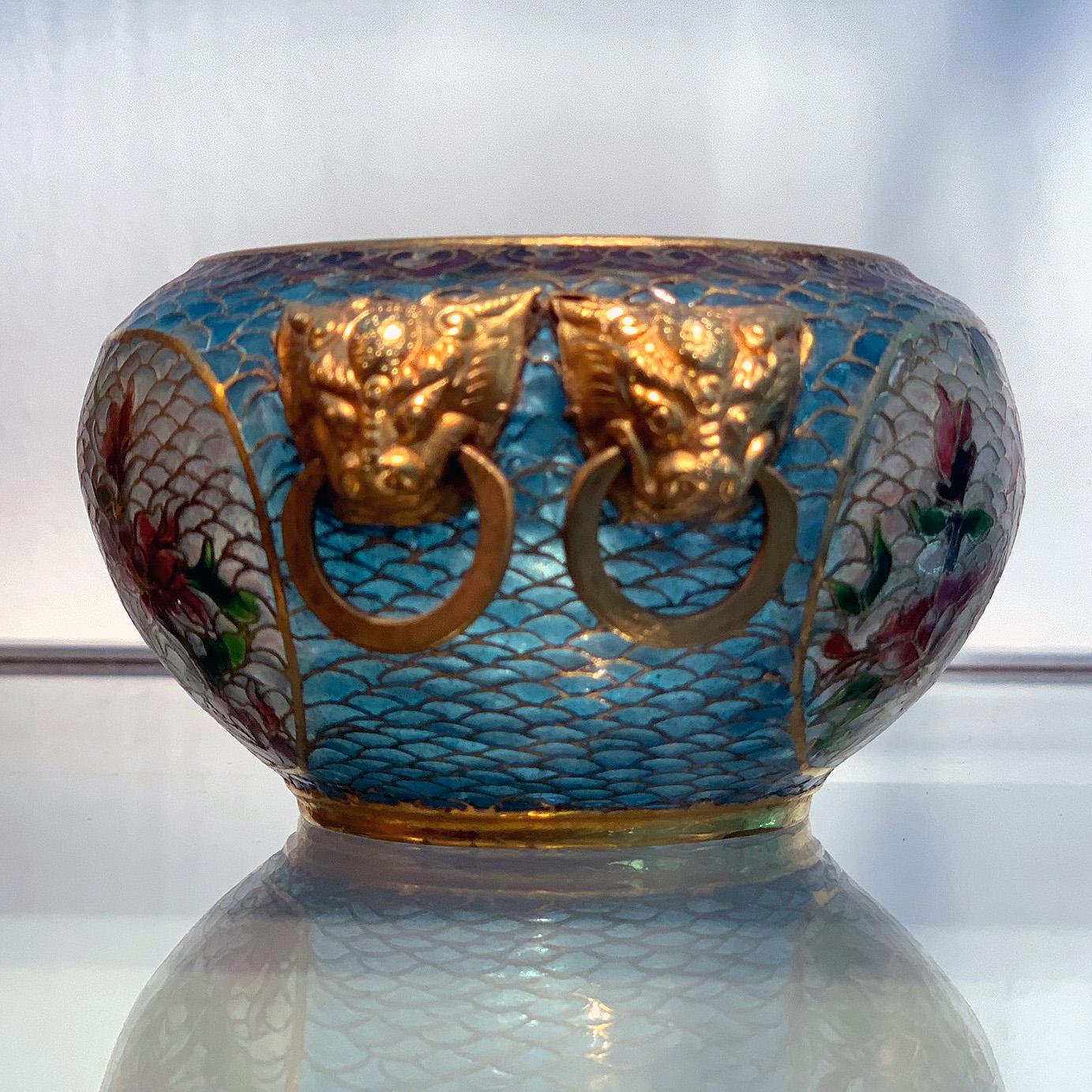 A small Chinese cloisonné enamel bowl made with the technique of Plique-a-jour (means 