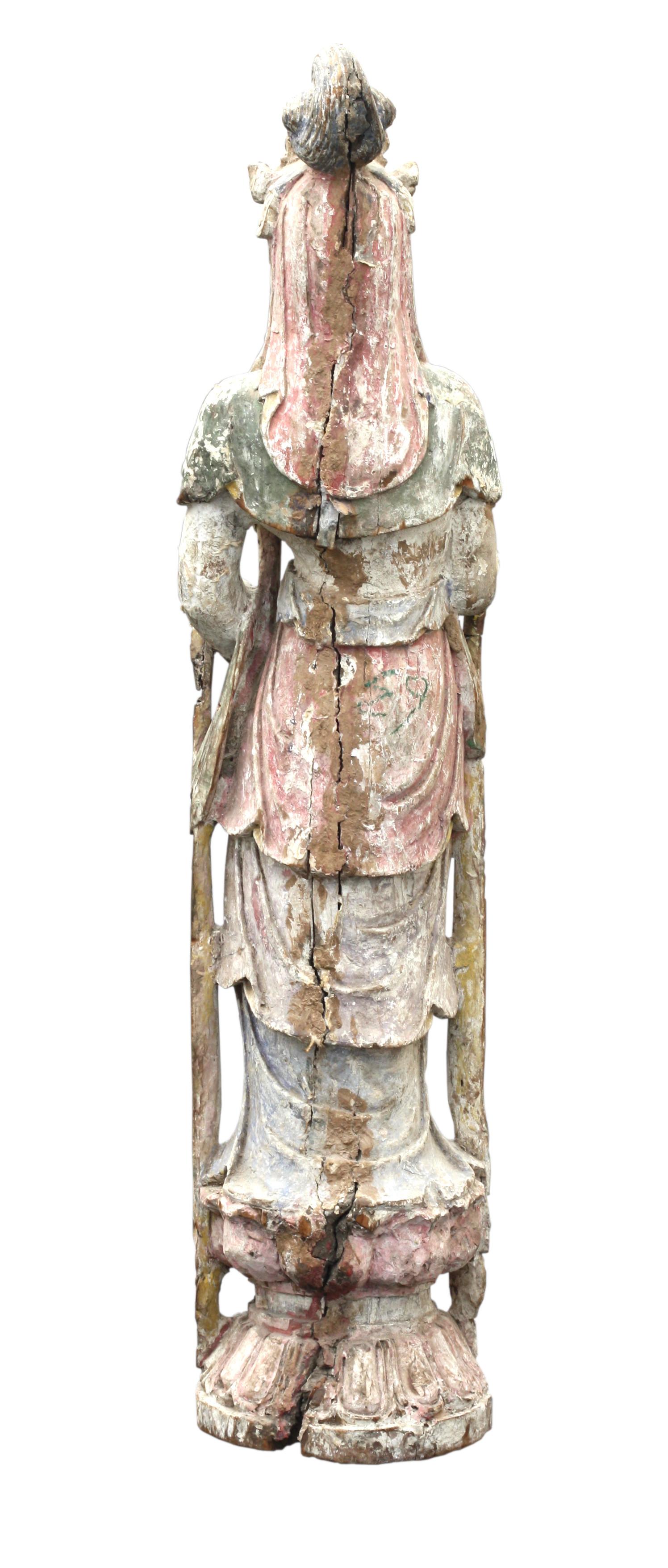 20th Century Chinese Polychrome-Decorated Carved Wood Figure of a Bodhisattva For Sale