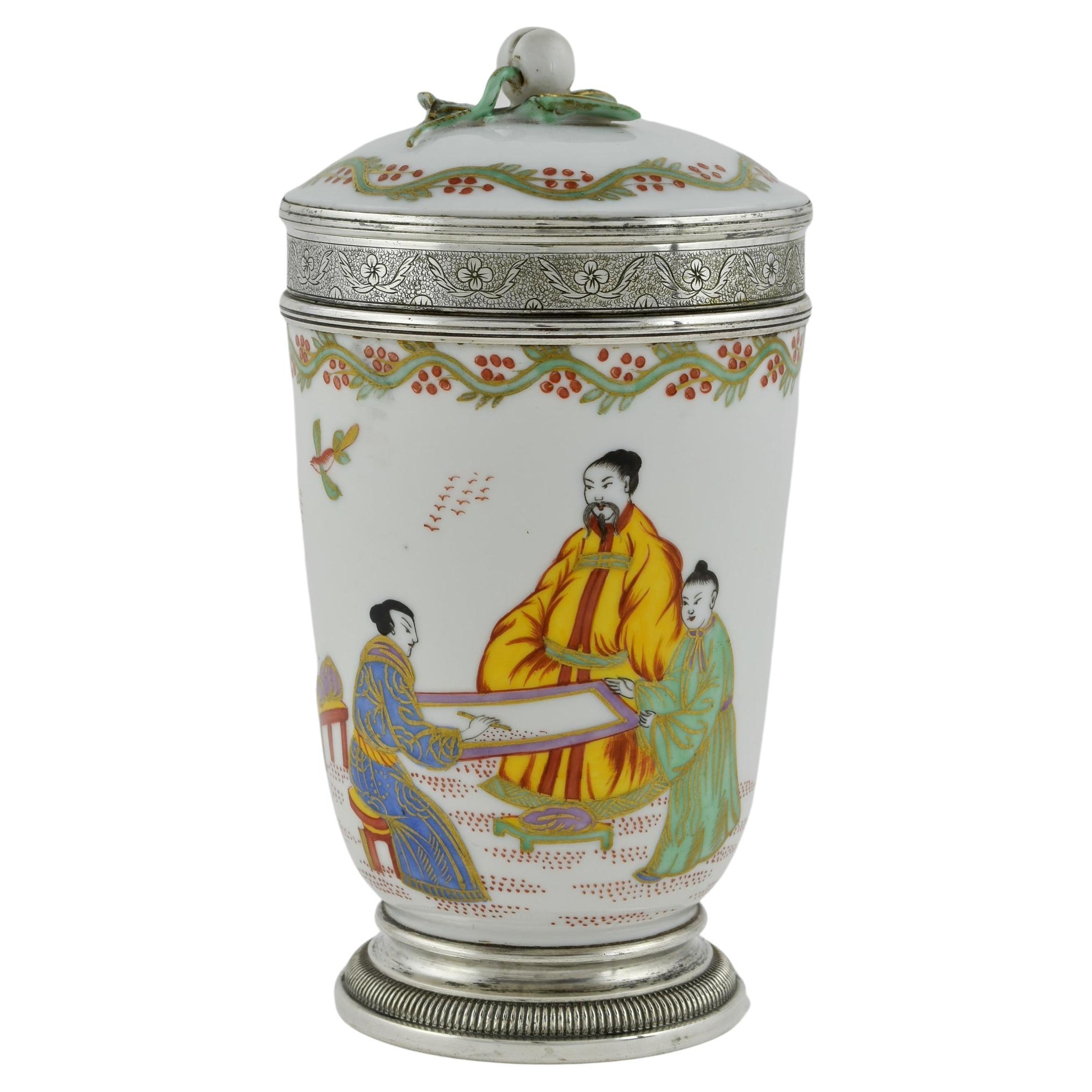 A Chinese porcelain and silver mounted cup and cover  For Sale