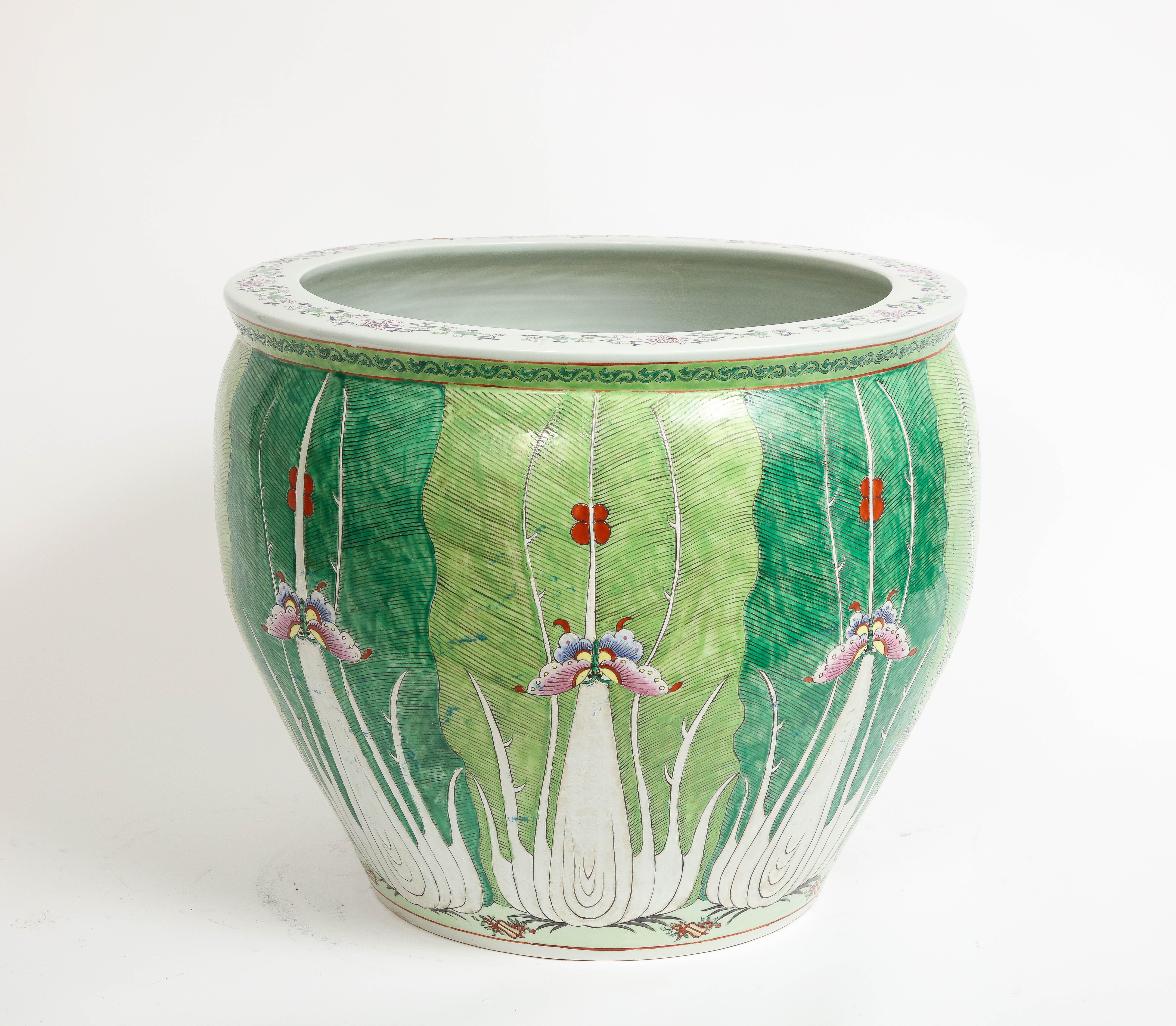 Hand-Carved Chinese Porcelain Famille Rose Enameled Fish Bowl/Planter W/ Butterflies