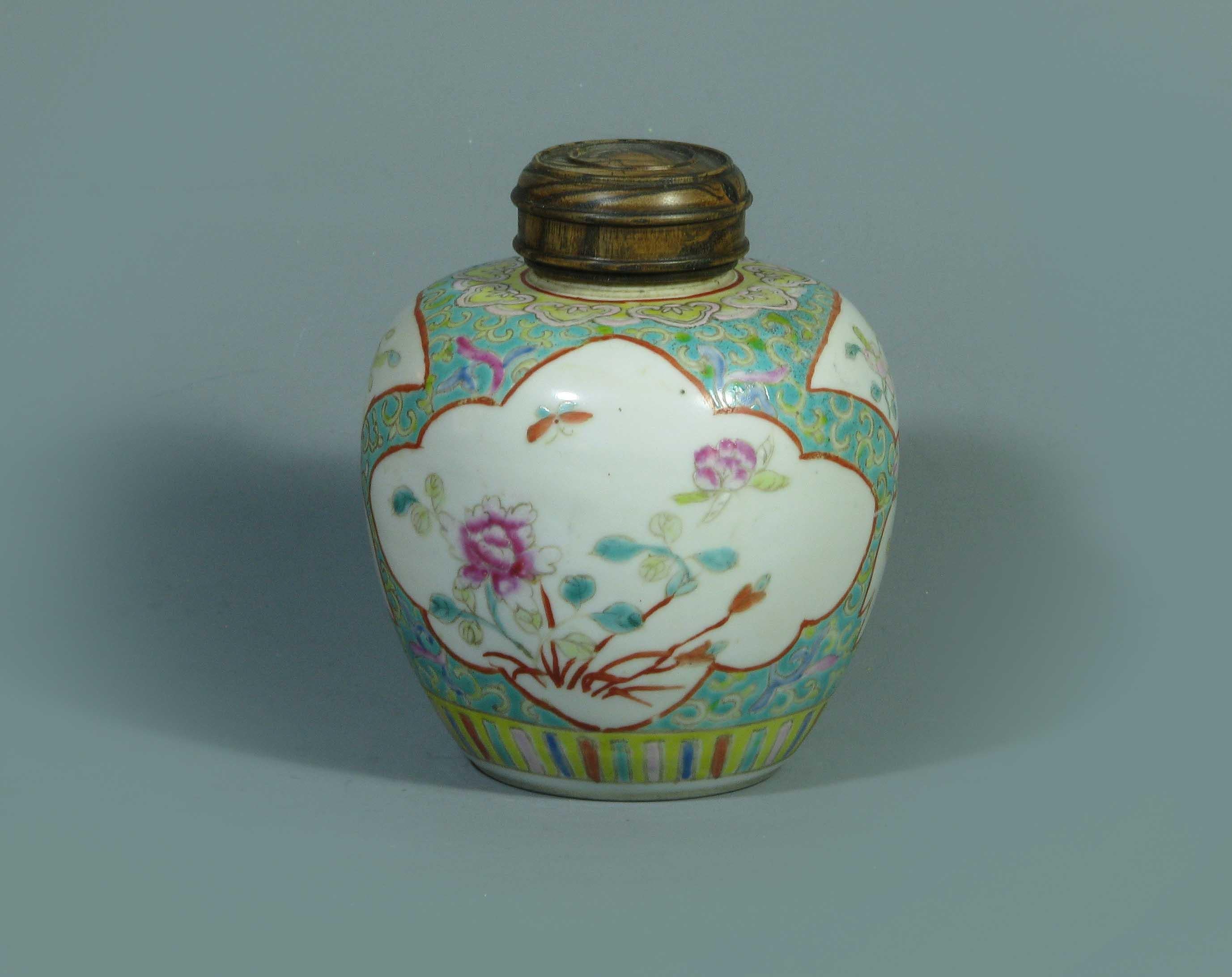 Chinese Export Chinese Porcelain Famille Rose Jar & Wood Cover 19th Century