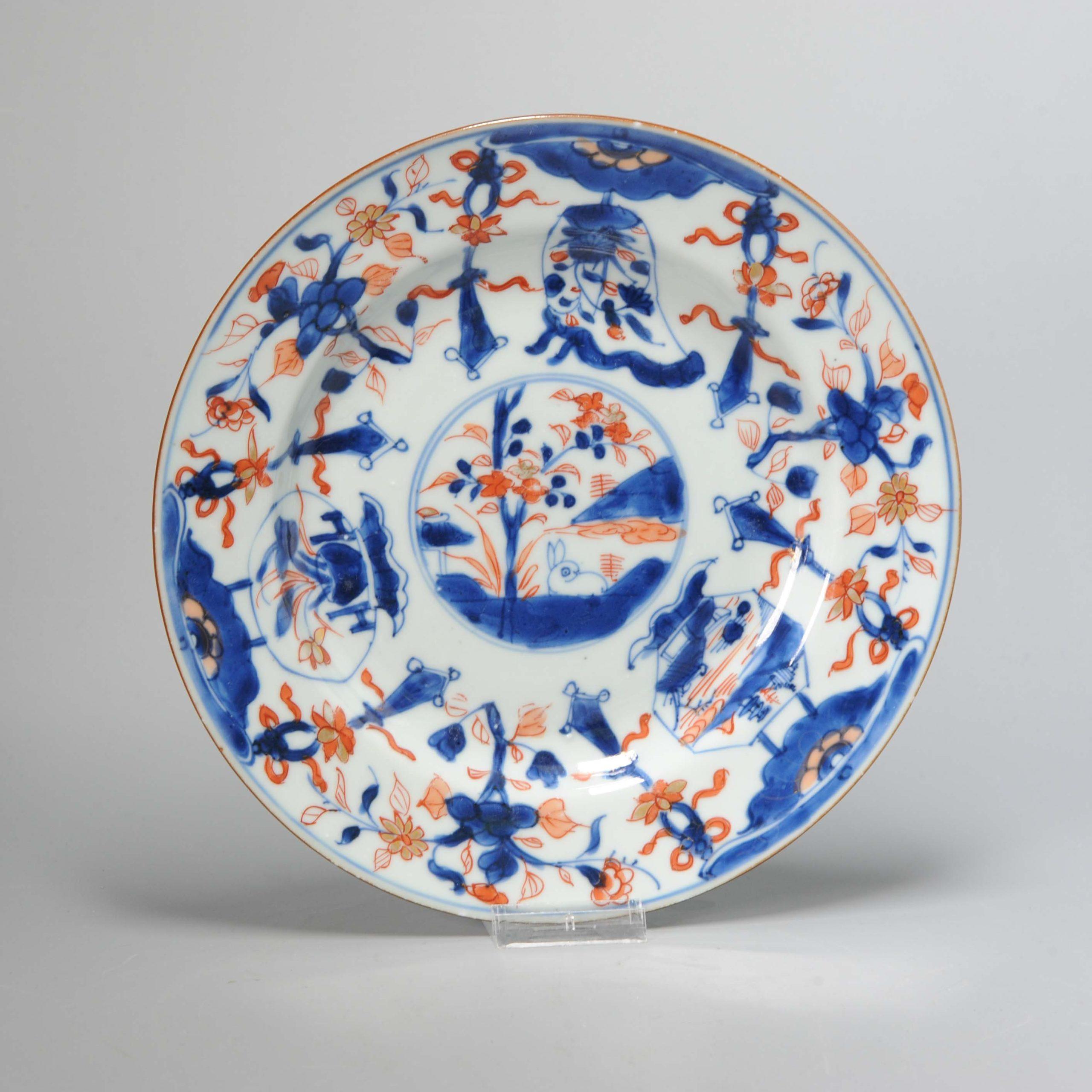A wonderfull and high quality painted imari dish with unusual richly decorated scene of various objects, flowers and a hare in the centre.

Additional information:
Material: Porcelain & Pottery
Region of Origin: China
Period: 18th century Qing (1661
