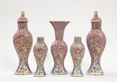 Chinese Porcelain Puce Ground 5 Piece Garniture Set with Floral Decorations