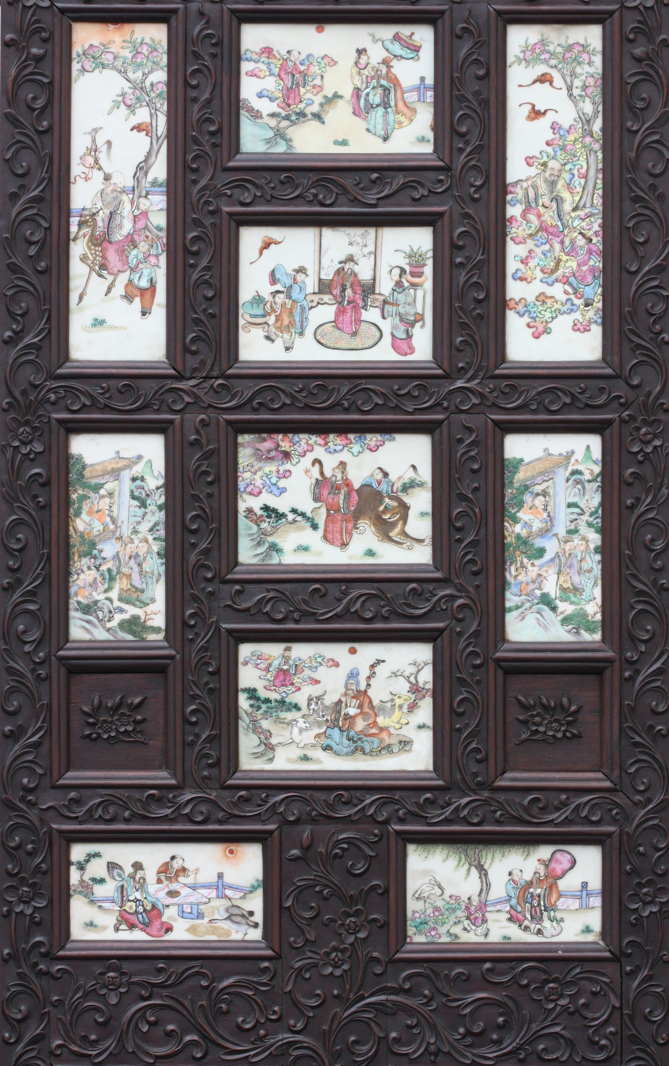 Chinese Three-Panel Porcelain Inlaid and Mixed Wood Screen 6