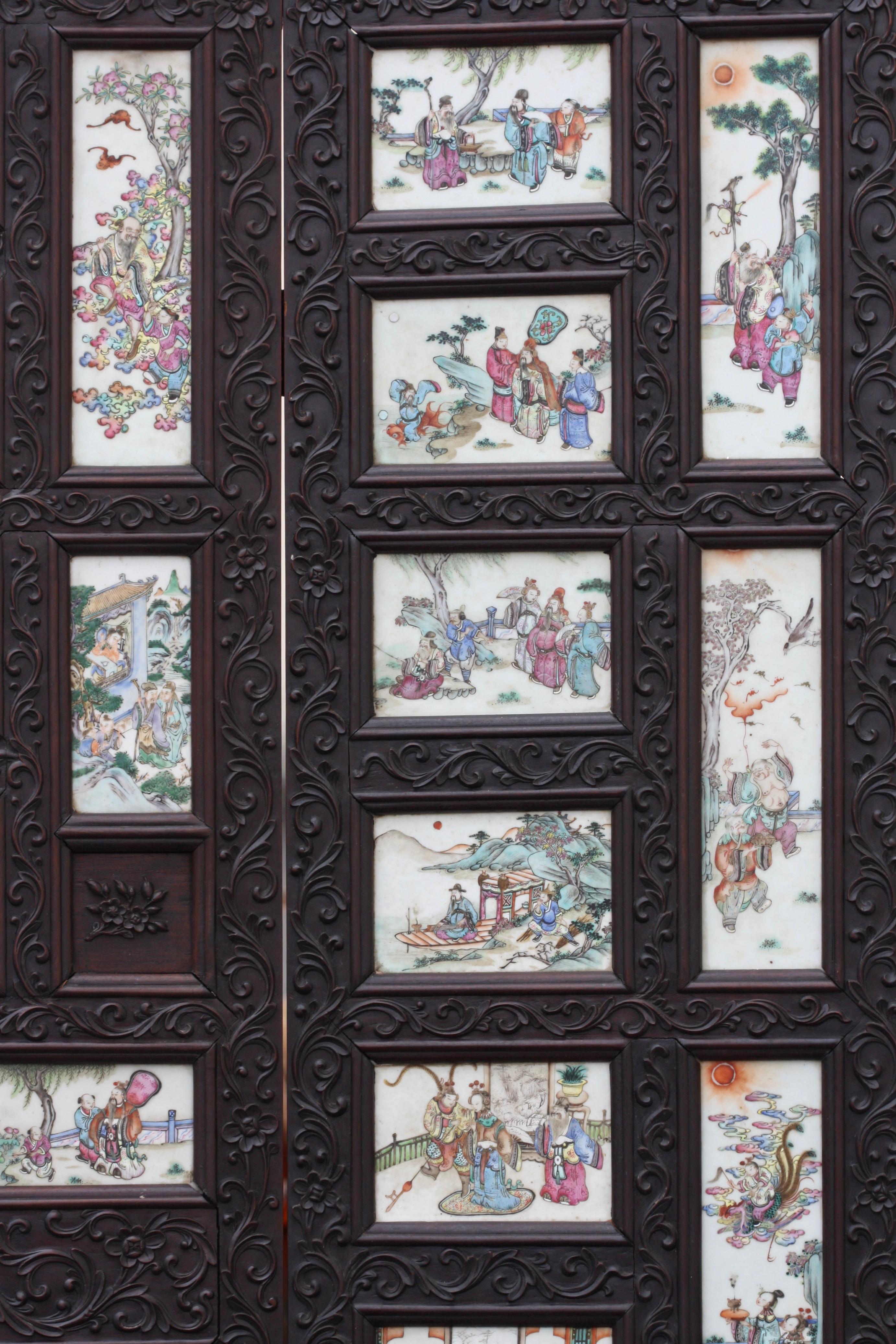 Chinese Three-Panel Porcelain Inlaid and Mixed Wood Screen 8
