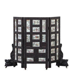 Chinese Three-Panel Porcelain Inlaid and Mixed Wood Screen