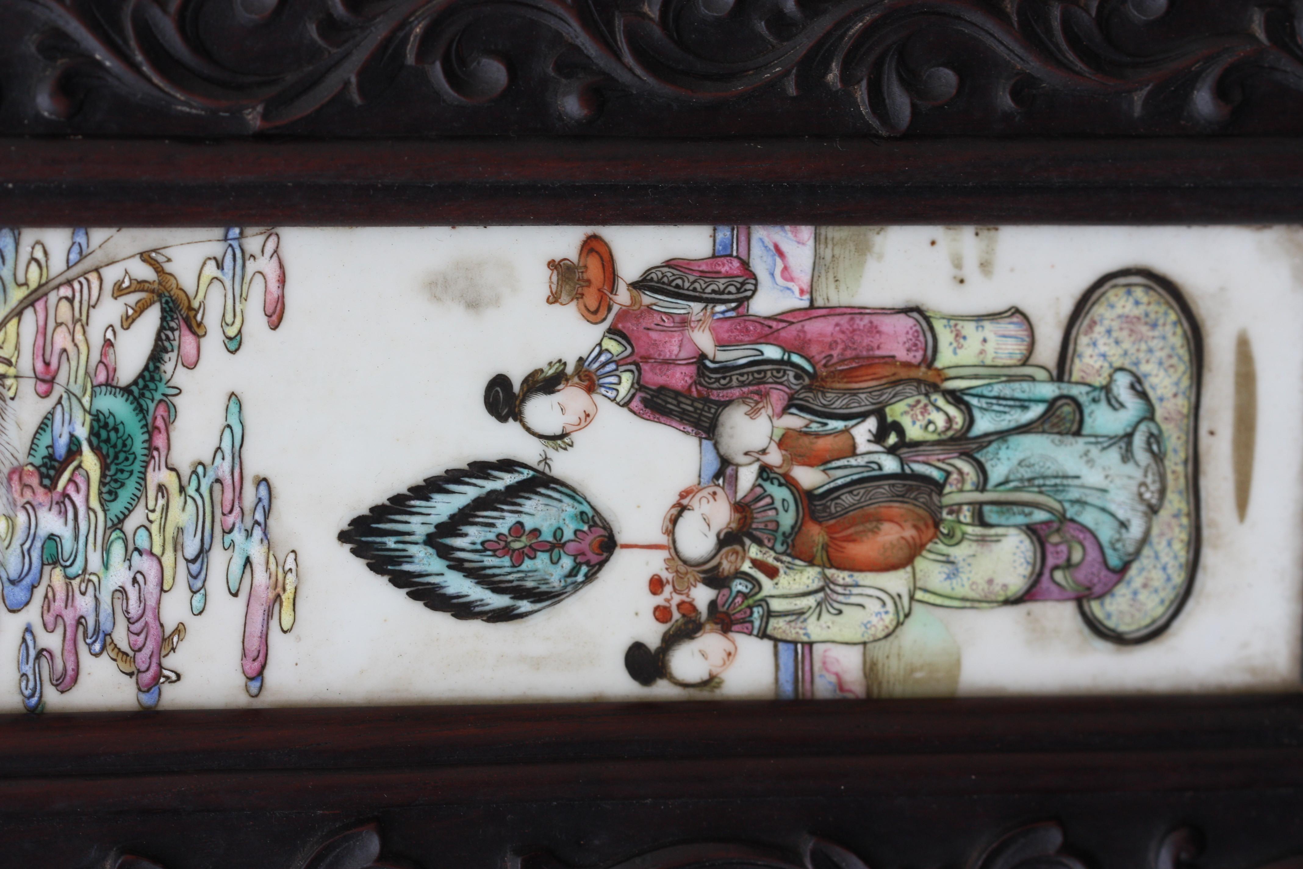 20th Century Chinese Three-Panel Porcelain Inlaid and Mixed Wood Screen