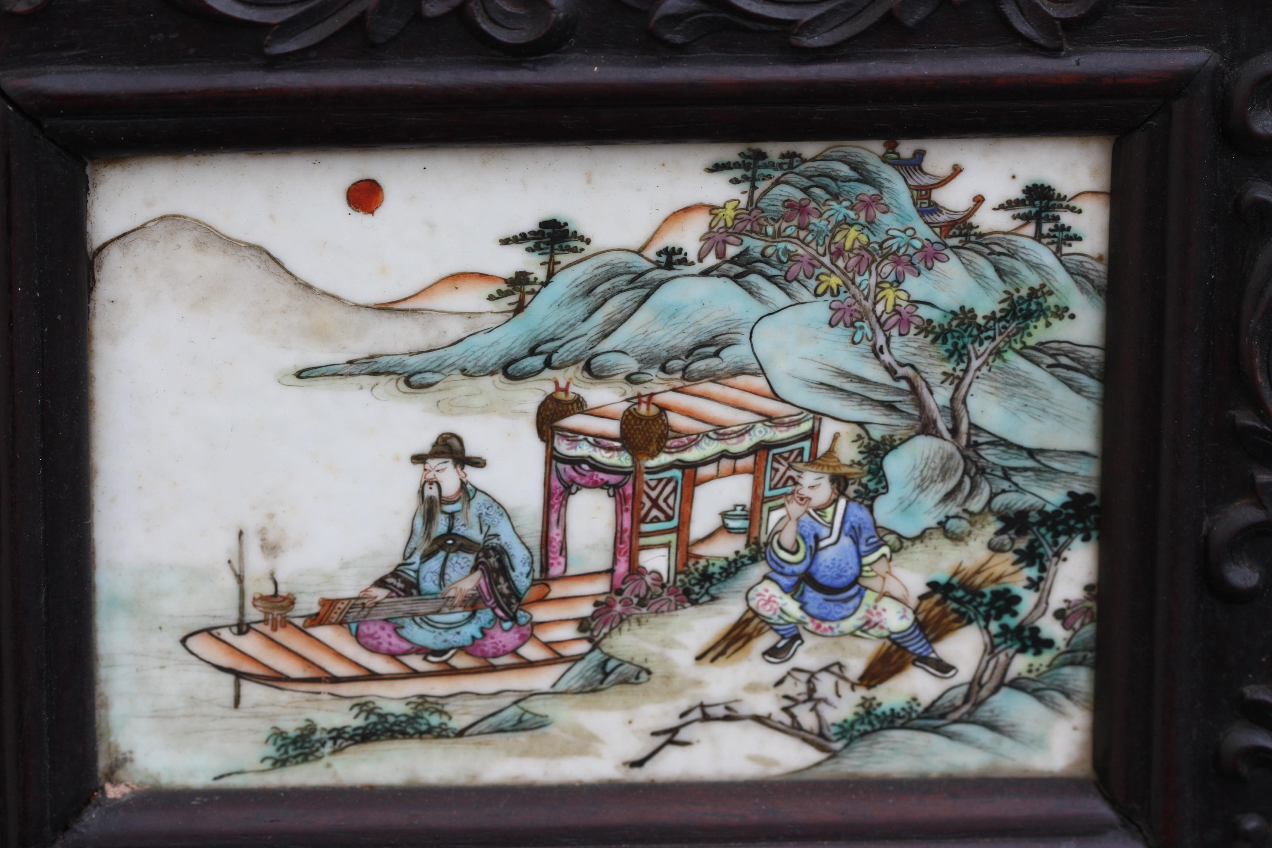 Chinese Three-Panel Porcelain Inlaid and Mixed Wood Screen 2