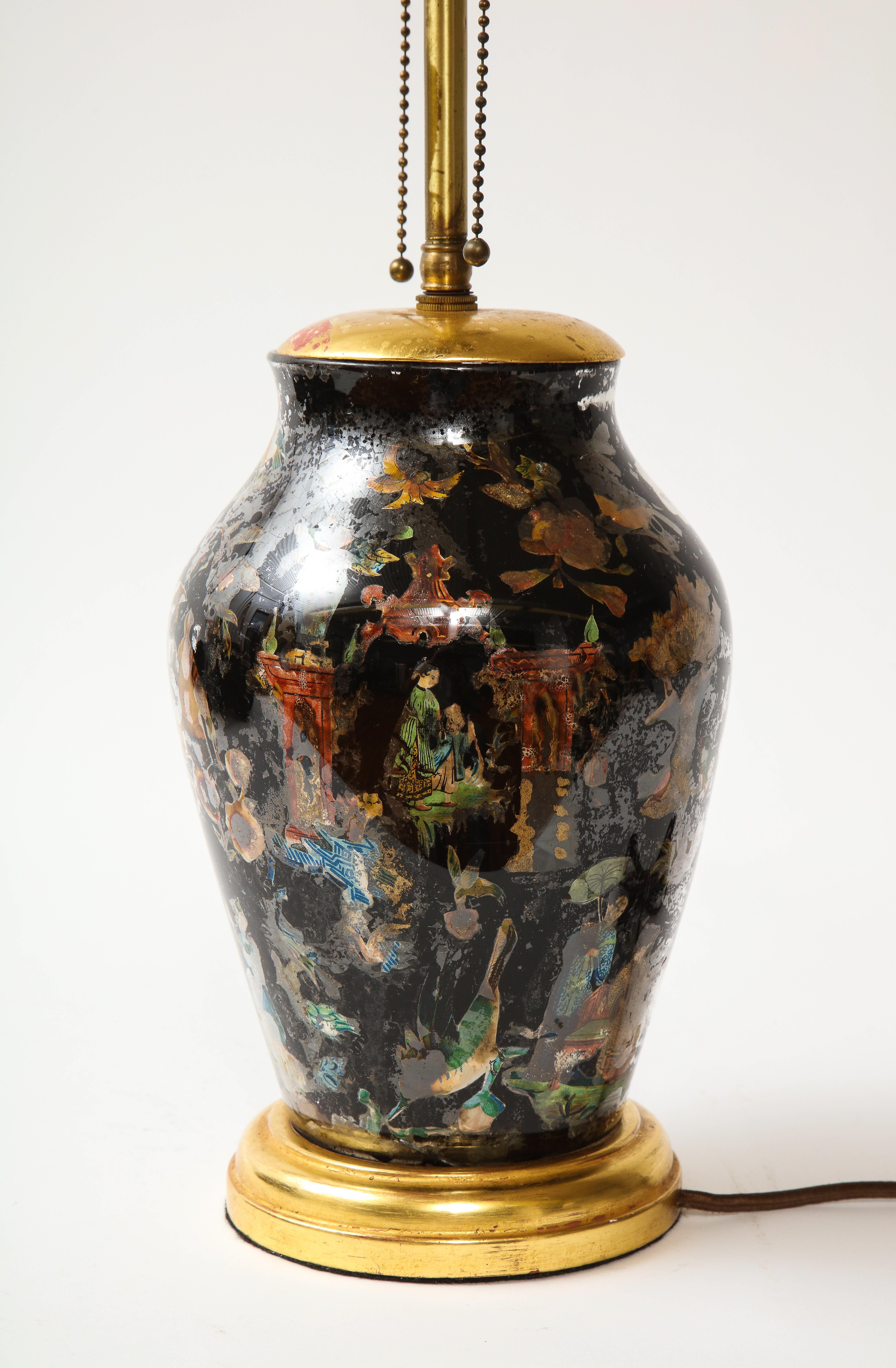English Chinoiserie Decorated Black-Ground Decalcomania Glass Lamp