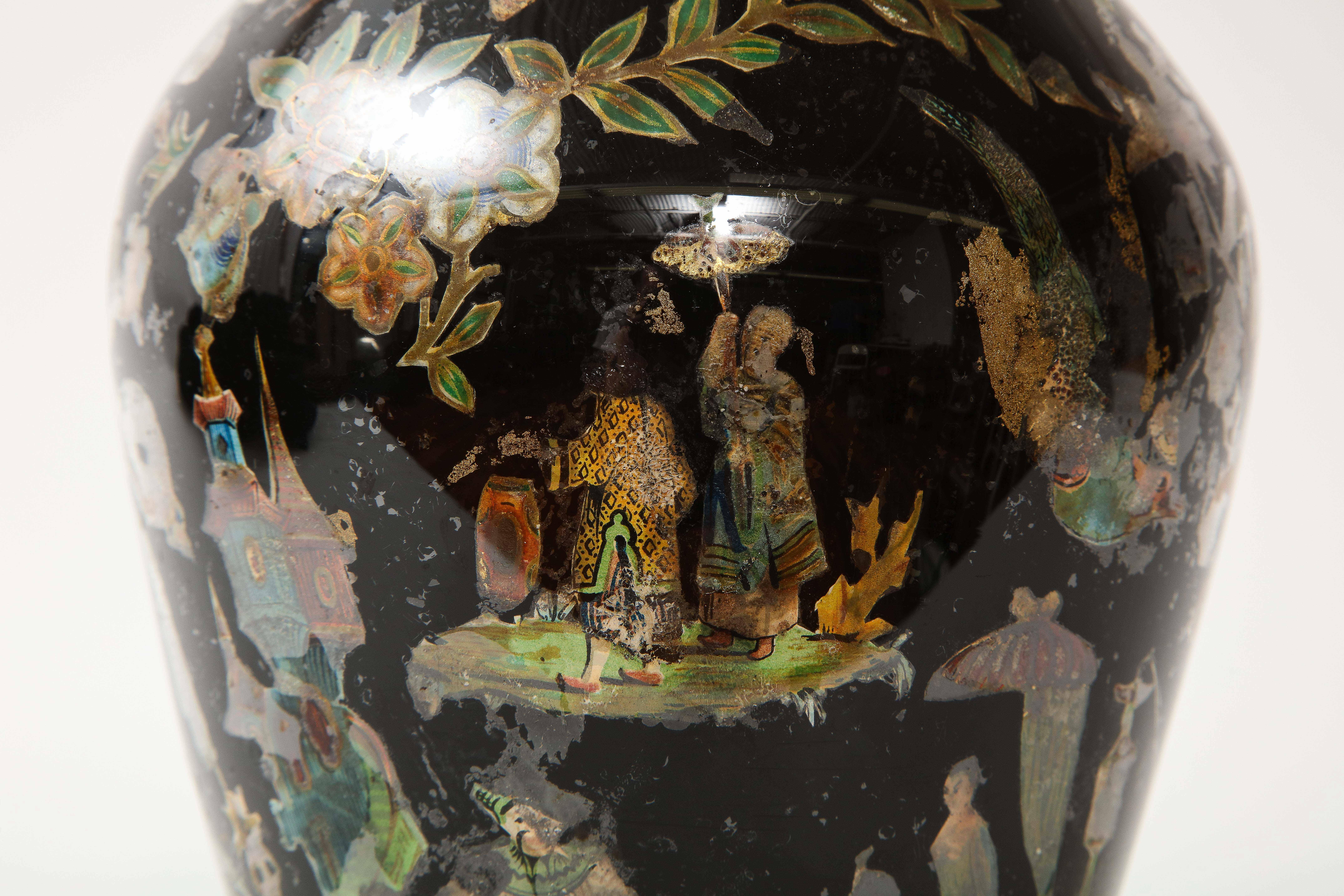 20th Century Chinoiserie Decorated Black-Ground Decalcomania Glass Lamp