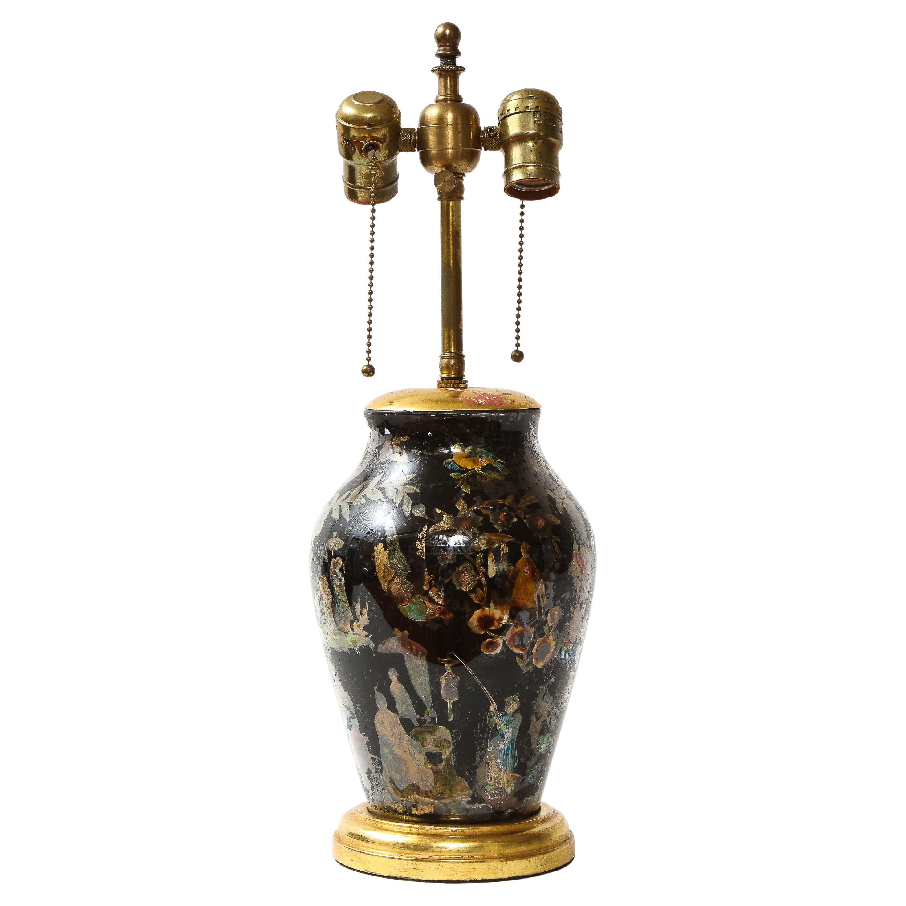 Chinoiserie Decorated Black-Ground Decalcomania Glass Lamp