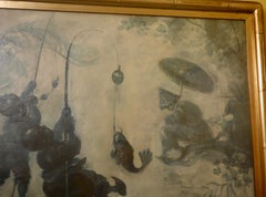 Chinoiserie French Blue Grisaille 19th Century Framed Oil Painting