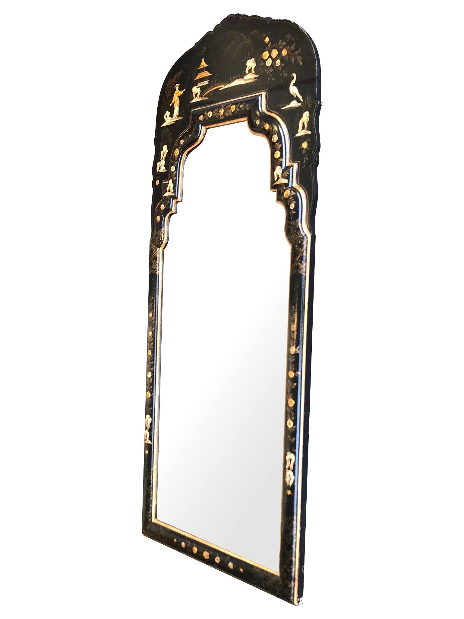 Italian Chinoiserie Mirror with Black Lacquer Frame with Birds, Figures and Flowers