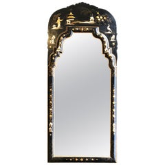 Chinoiserie Mirror with Black Lacquer Frame with Birds, Figures and Flowers