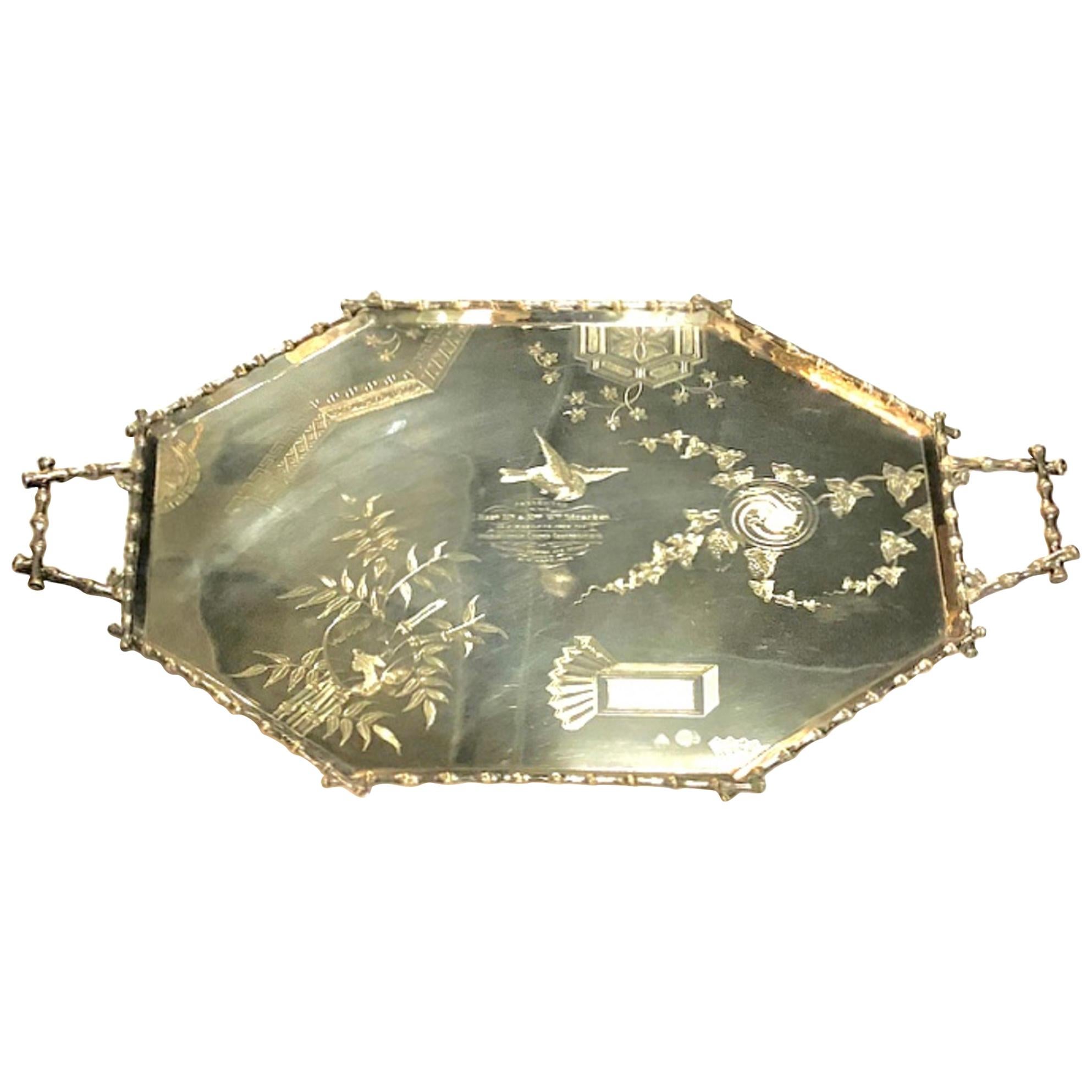 A Chinoiserie Silver Plated Tray with Faux Bamboo Frame and Handles, circa 1898 For Sale